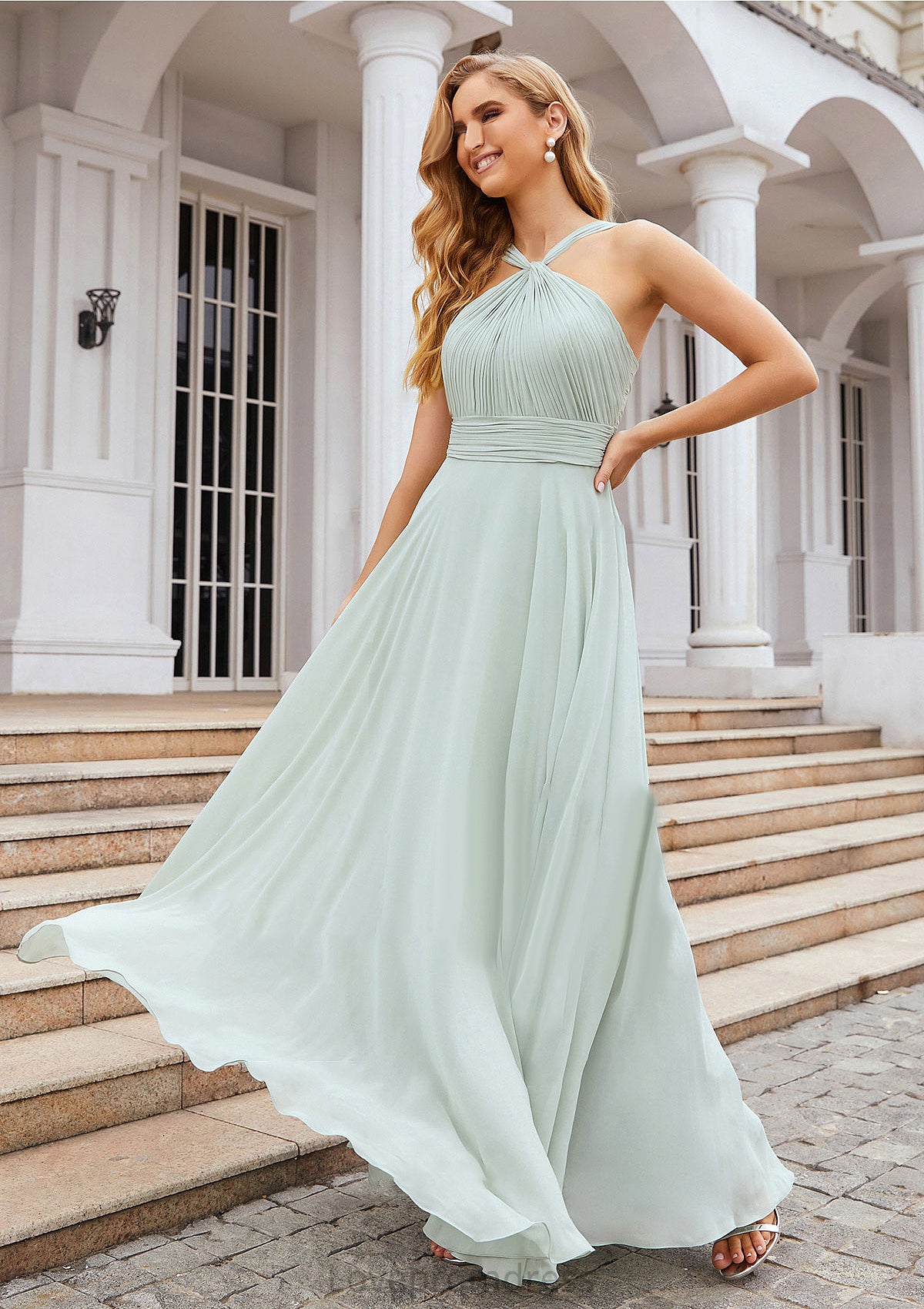 A-line Scalloped Neck Sleeveless Long/Floor-Length Chiffon Bridesmaid Dresses With Pleated Veronica DYP0025366