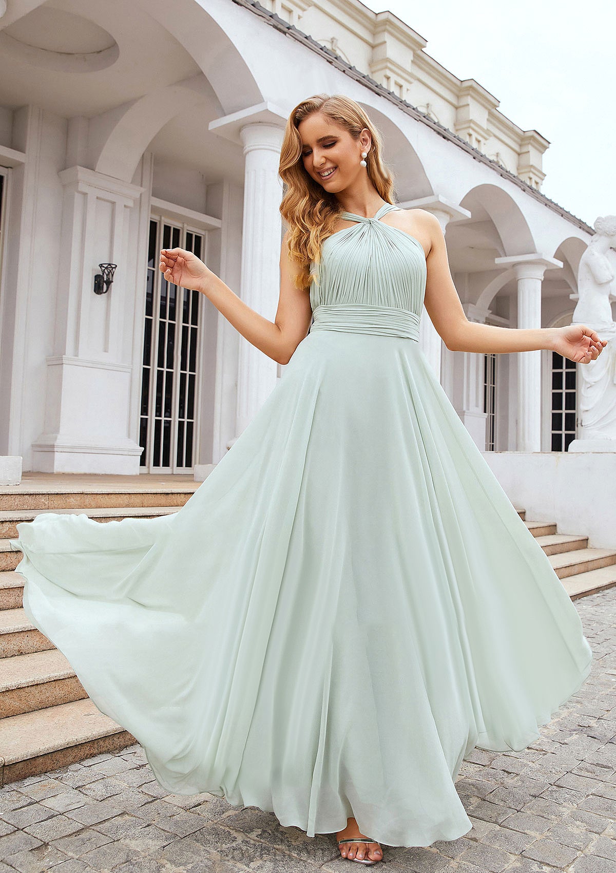 A-line Scalloped Neck Sleeveless Long/Floor-Length Chiffon Bridesmaid Dresses With Pleated Veronica DYP0025366