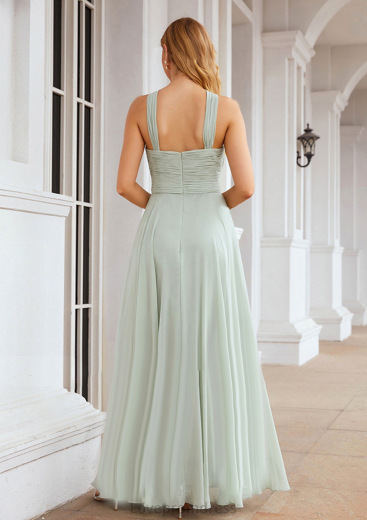 A-line Scalloped Neck Sleeveless Long/Floor-Length Chiffon Bridesmaid Dresses With Pleated Veronica DYP0025366