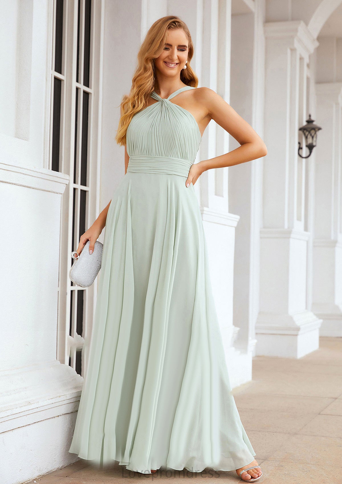 A-line Scalloped Neck Sleeveless Long/Floor-Length Chiffon Bridesmaid Dresses With Pleated Veronica DYP0025366