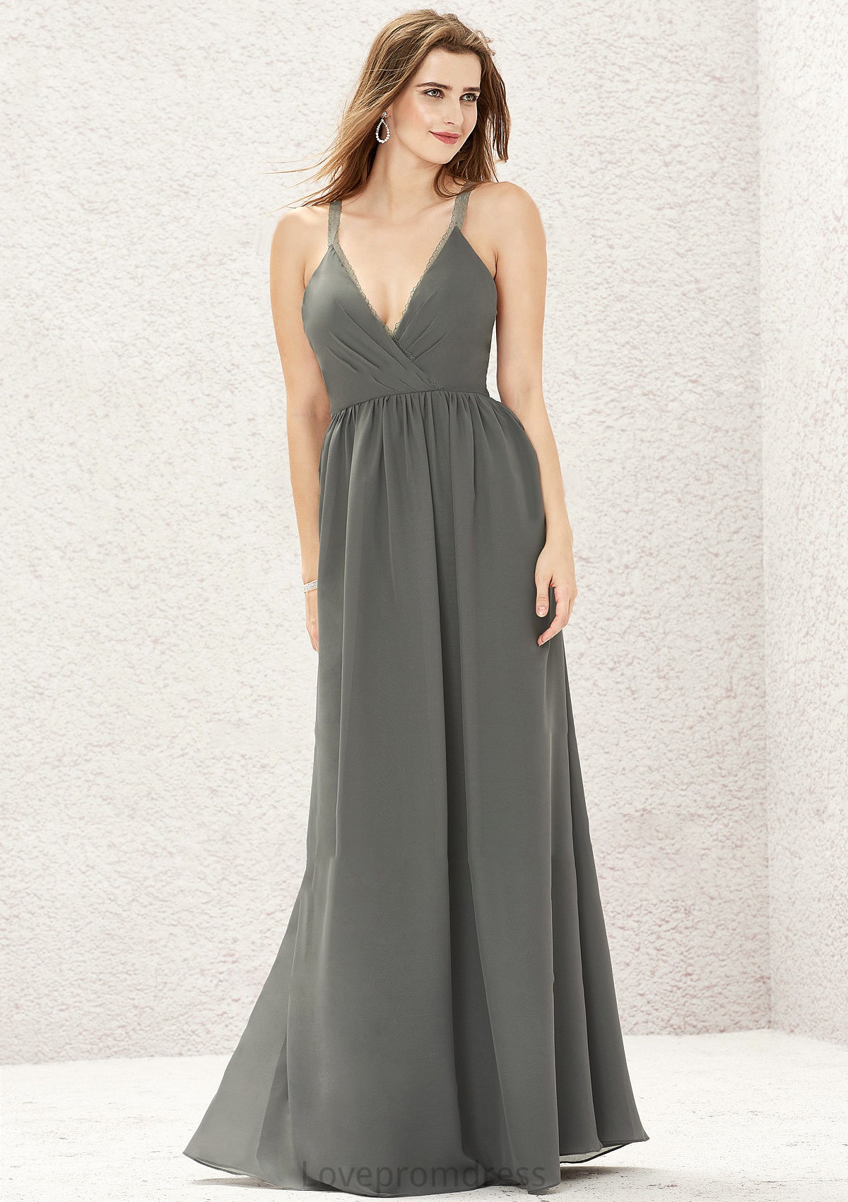 A-line V Neck Sleeveless Chiffon Long/Floor-Length Bridesmaid Dresses With Pleated Lace Karlie DYP0025367