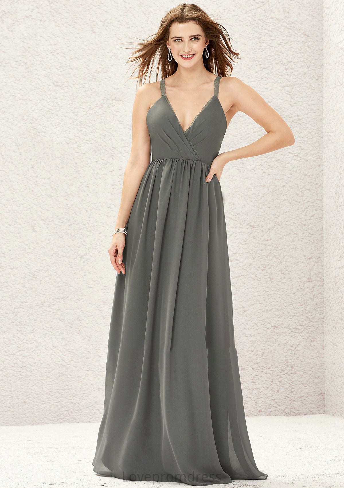 A-line V Neck Sleeveless Chiffon Long/Floor-Length Bridesmaid Dresses With Pleated Lace Karlie DYP0025367