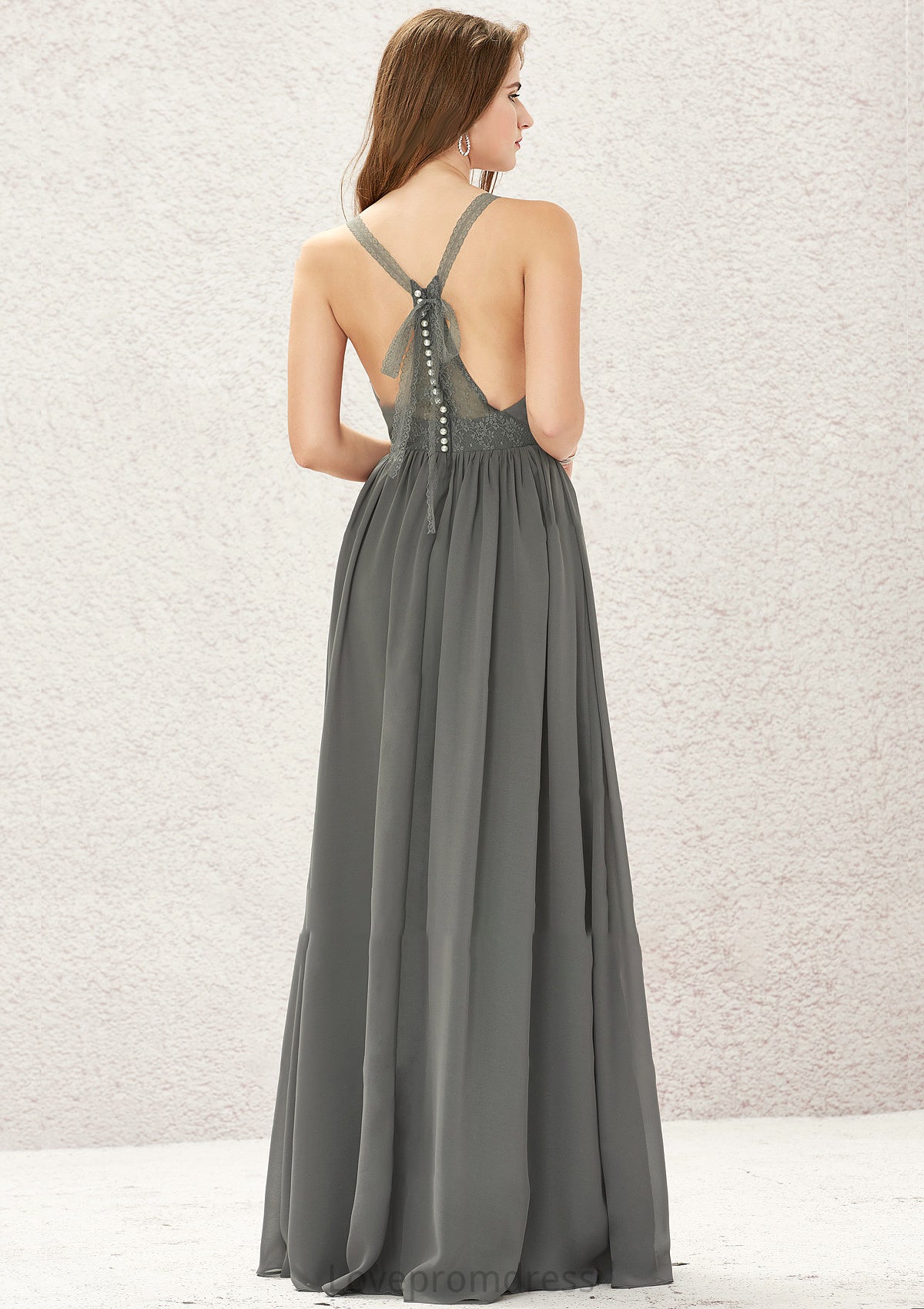 A-line V Neck Sleeveless Chiffon Long/Floor-Length Bridesmaid Dresses With Pleated Lace Karlie DYP0025367