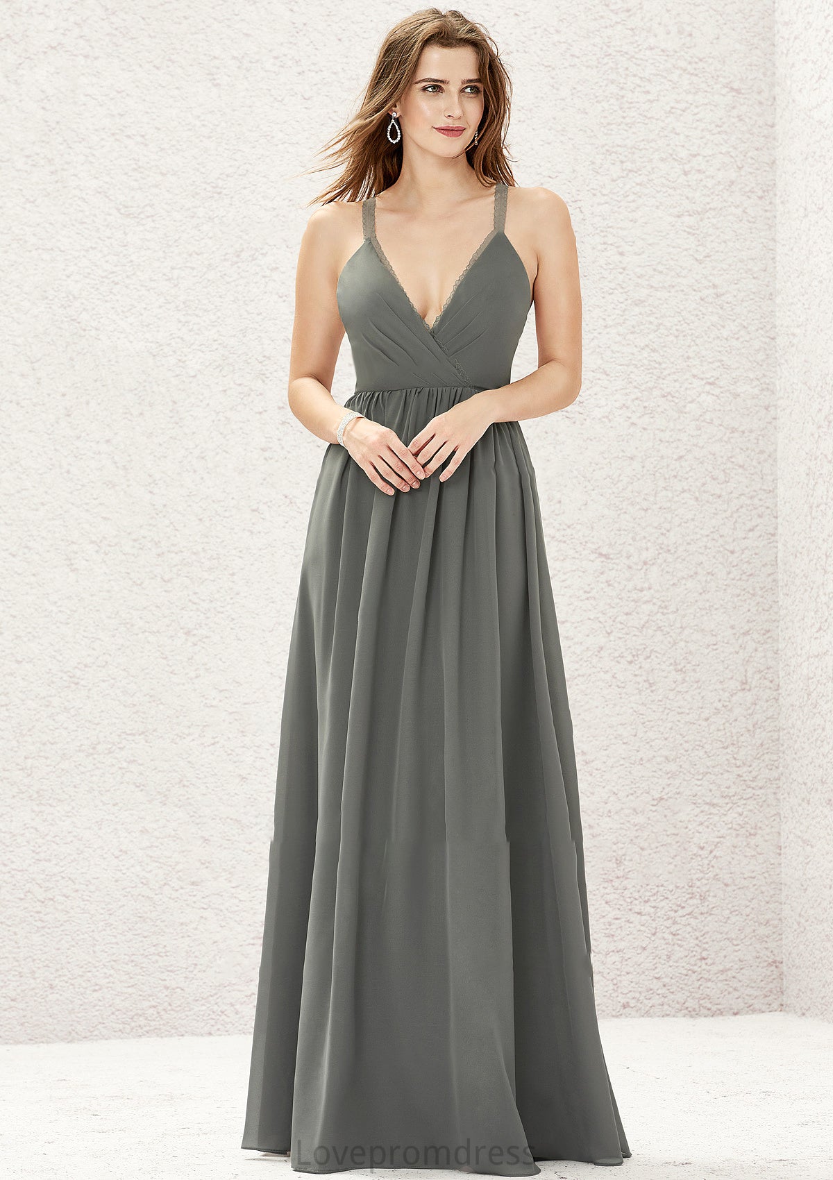 A-line V Neck Sleeveless Chiffon Long/Floor-Length Bridesmaid Dresses With Pleated Lace Karlie DYP0025367