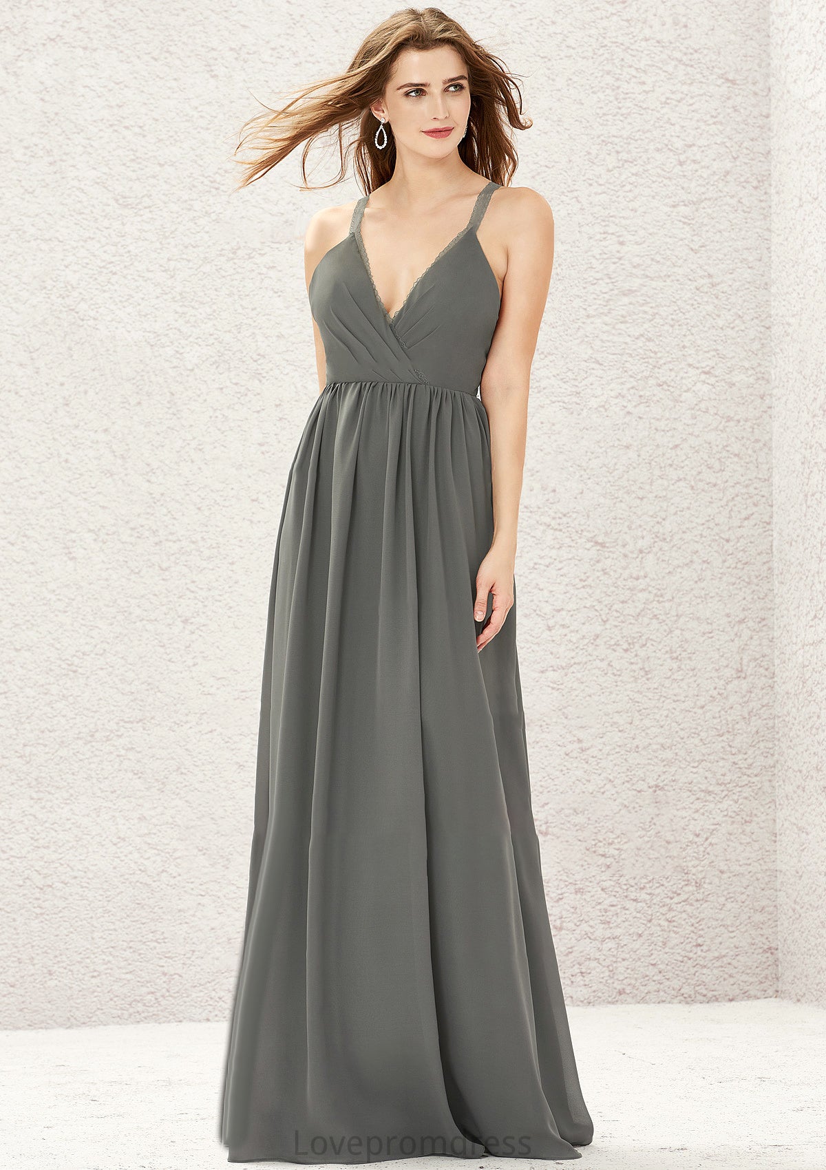 A-line V Neck Sleeveless Chiffon Long/Floor-Length Bridesmaid Dresses With Pleated Lace Karlie DYP0025367