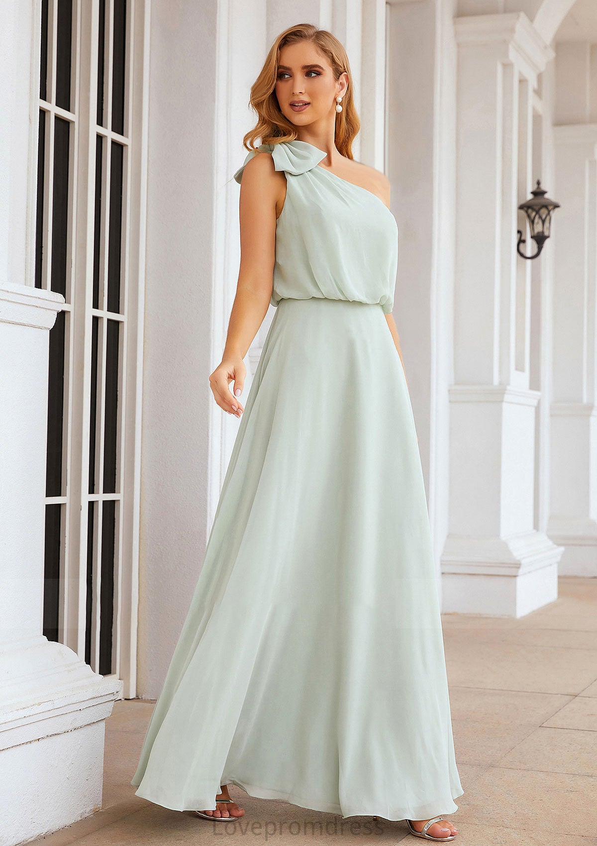 A-line One-Shoulder Sleeveless Long/Floor-Length Chiffon Bridesmaid Dresses With Shoulder Flower Amiah DYP0025369