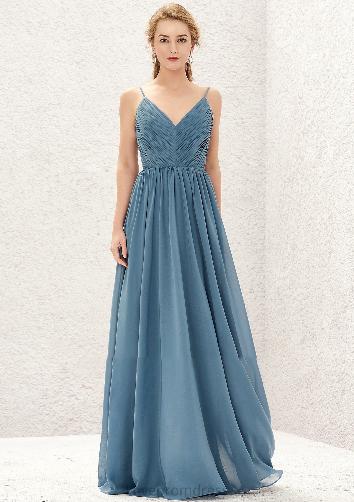 A-line V Neck Sleeveless Chiffon Long/Floor-Length Bridesmaid Dresses With Pleated Ann DYP0025370