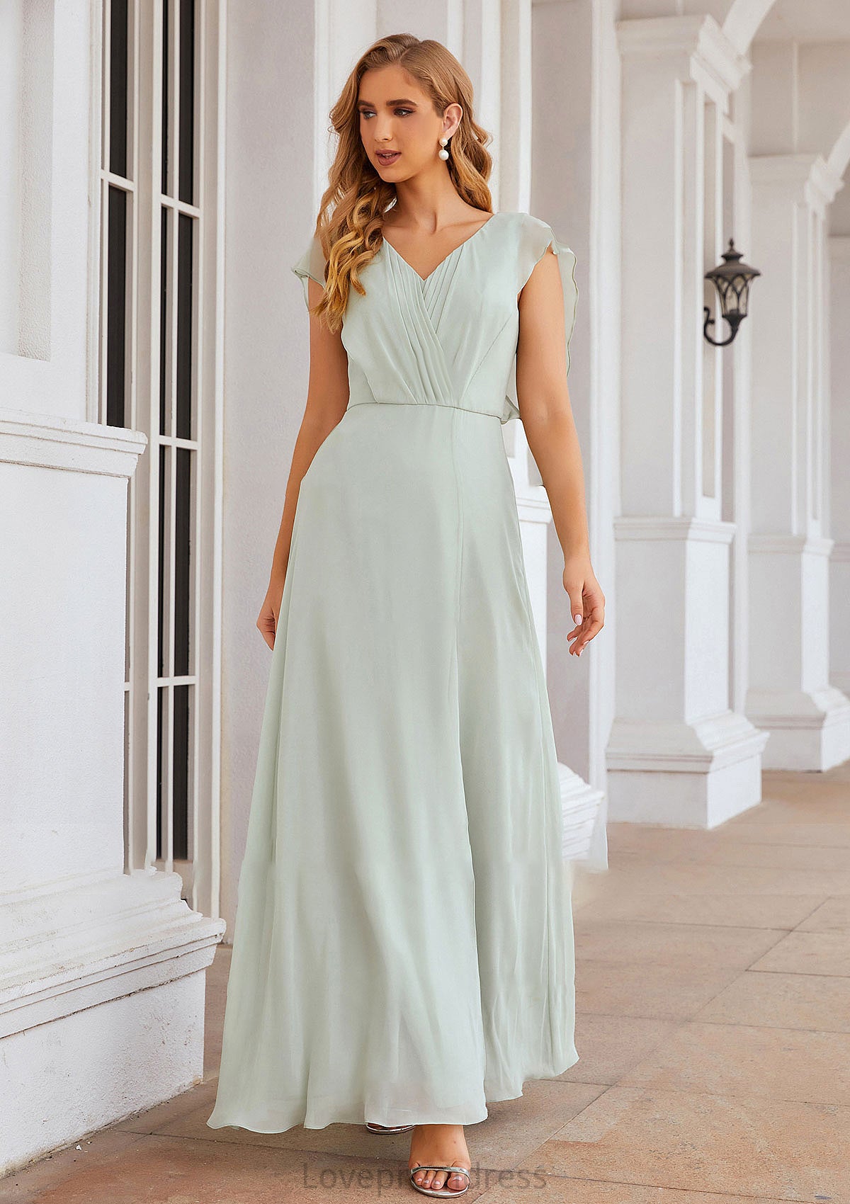 A-line V Neck Sleeveless Long/Floor-Length Chiffon Bridesmaid Dresses With Pleated Split Magdalena DYP0025372