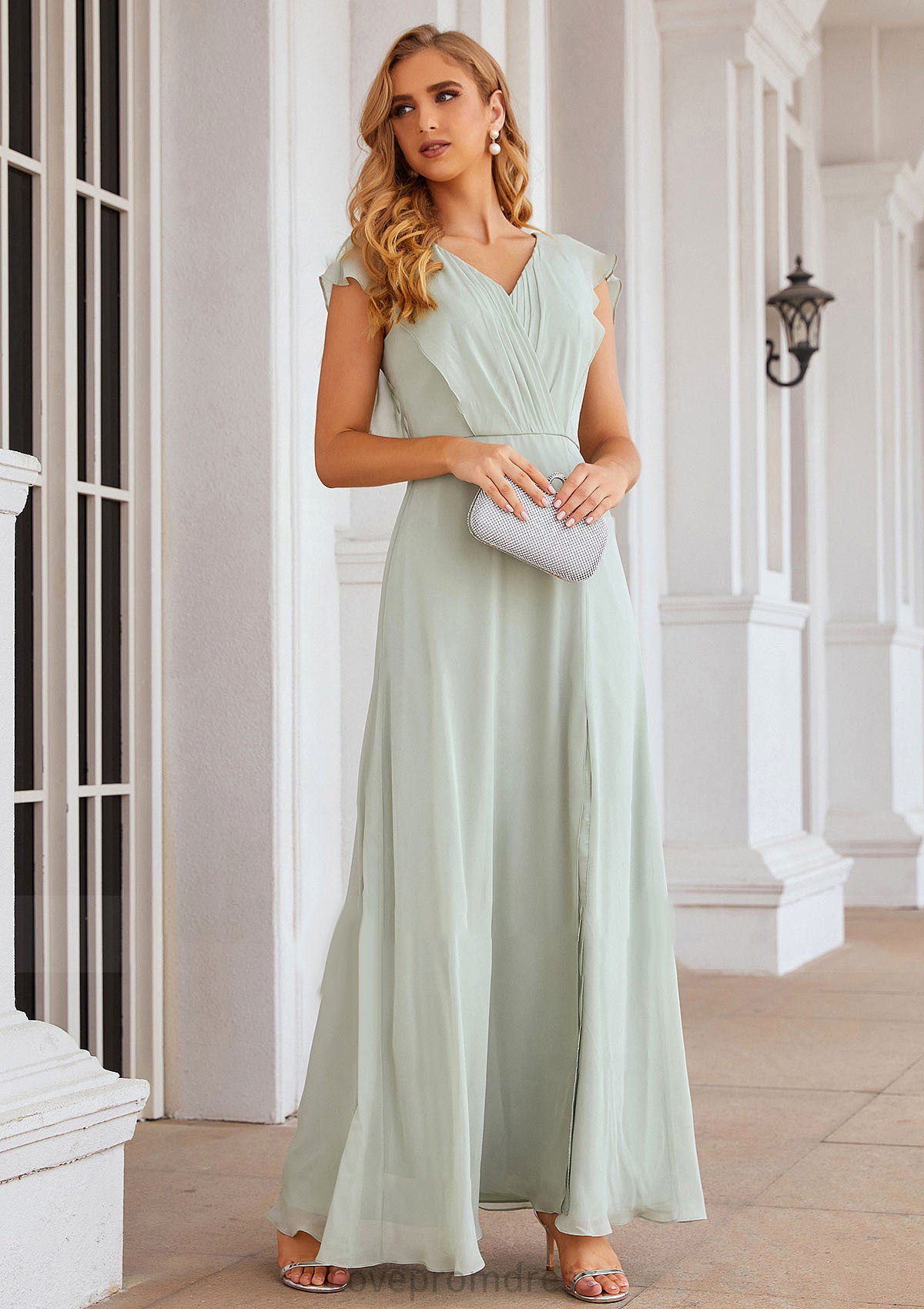 A-line V Neck Sleeveless Long/Floor-Length Chiffon Bridesmaid Dresses With Pleated Split Magdalena DYP0025372