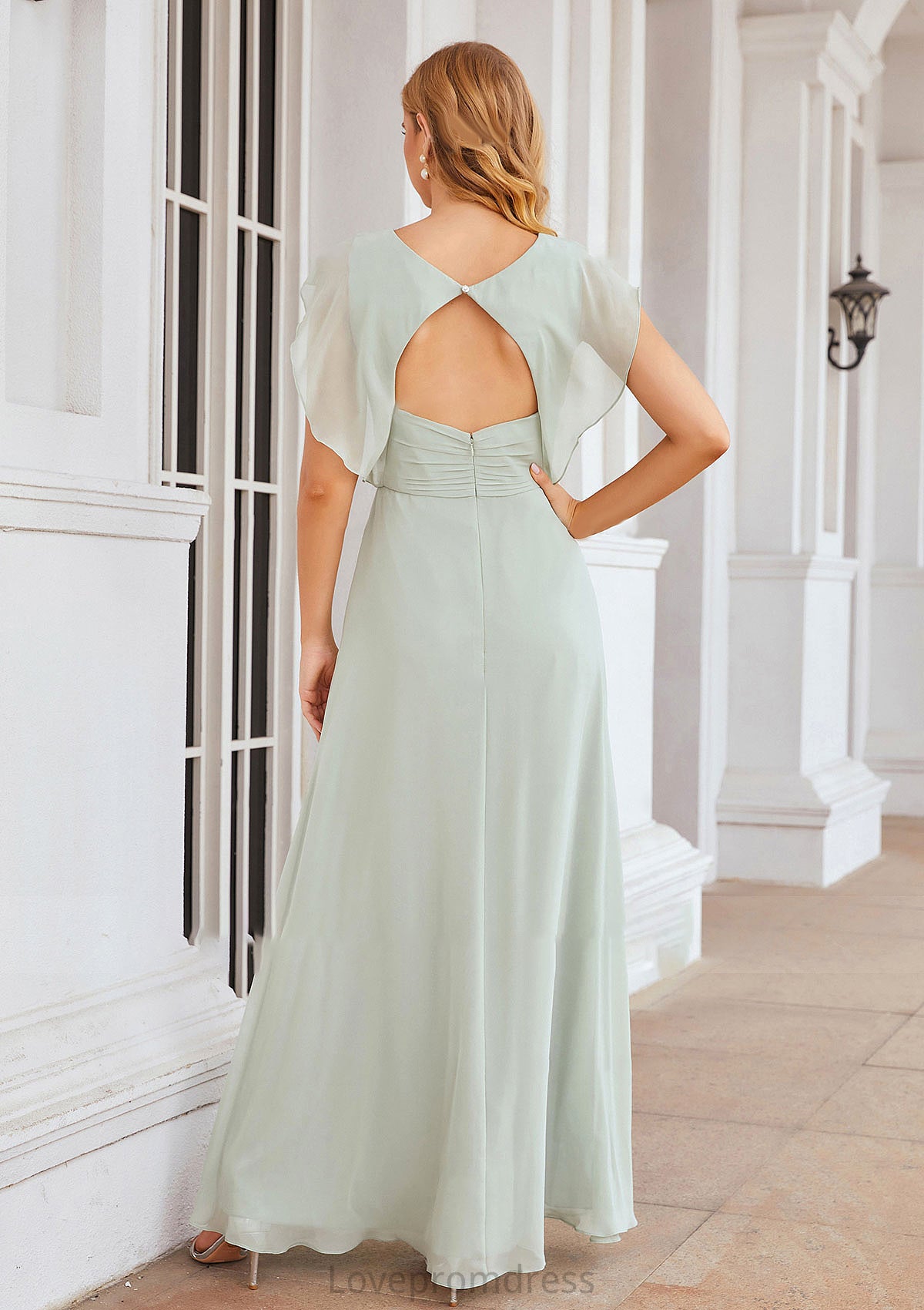 A-line V Neck Sleeveless Long/Floor-Length Chiffon Bridesmaid Dresses With Pleated Split Magdalena DYP0025372