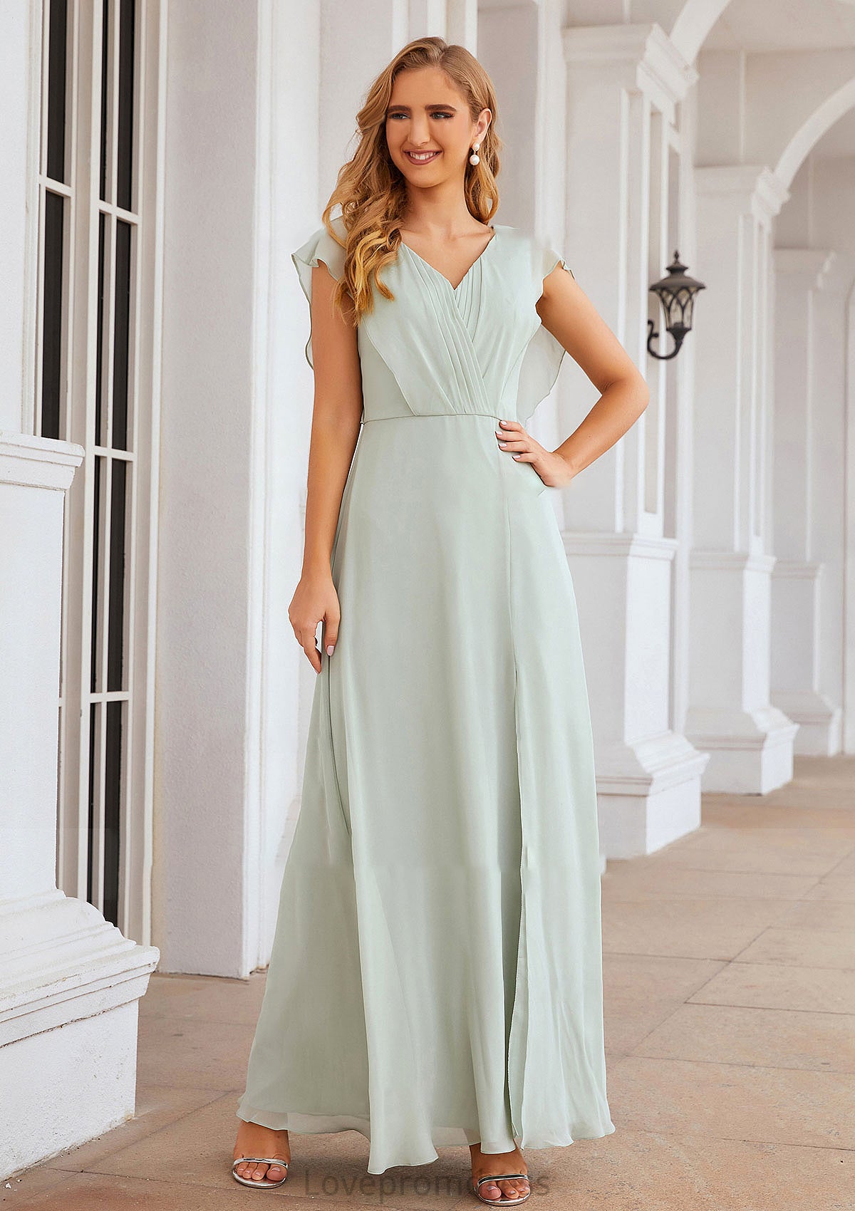 A-line V Neck Sleeveless Long/Floor-Length Chiffon Bridesmaid Dresses With Pleated Split Magdalena DYP0025372