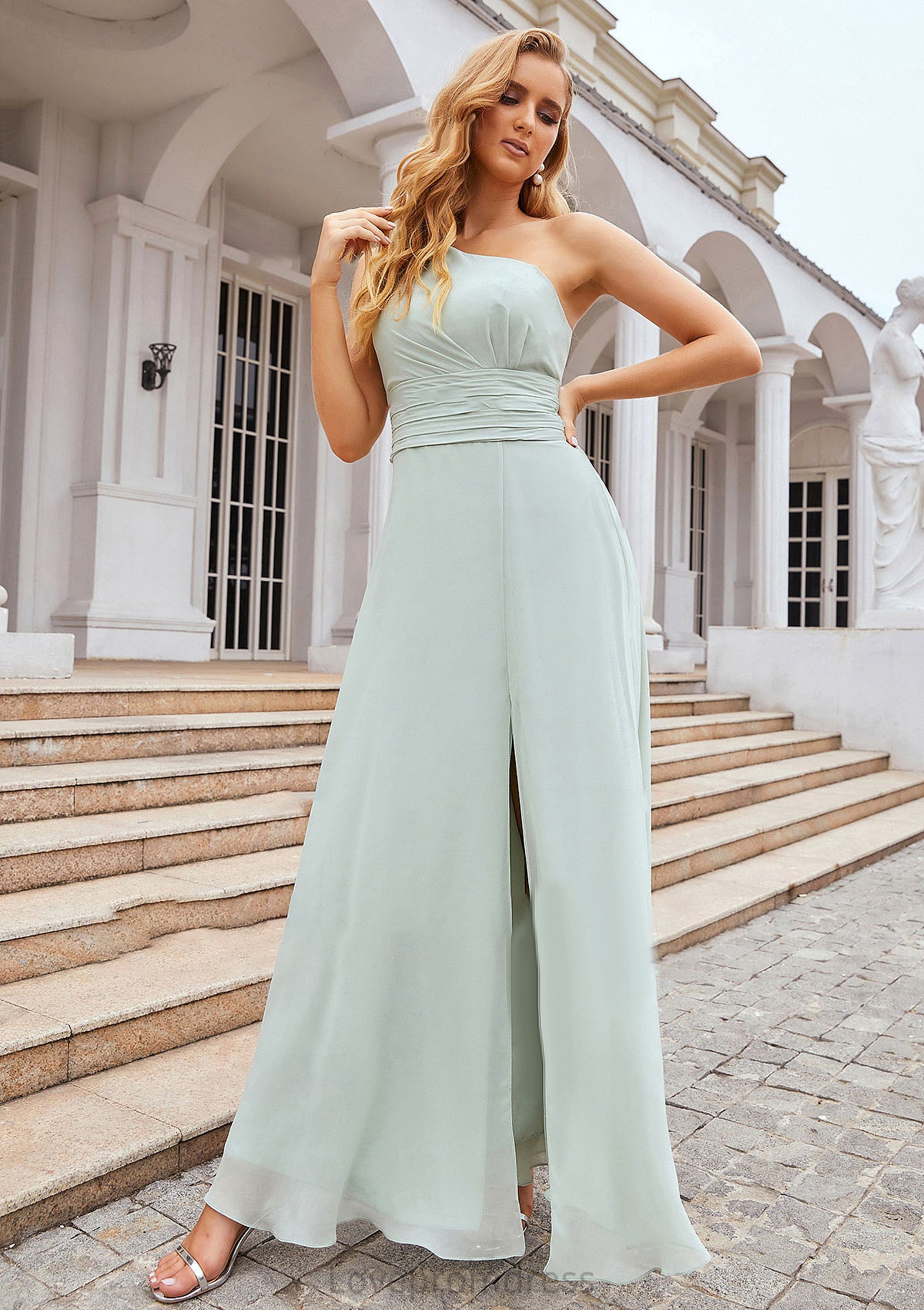 Sheath/Column One-Shoulder Sleeveless Long Chiffon Bridesmaid Dresseses With Pleated Waistband Split Molly DYP0025373