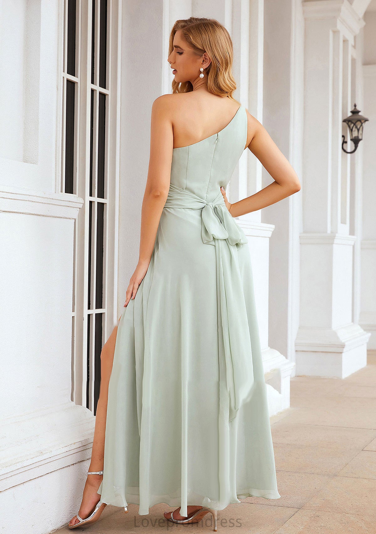 Sheath/Column One-Shoulder Sleeveless Long Chiffon Bridesmaid Dresseses With Pleated Waistband Split Molly DYP0025373