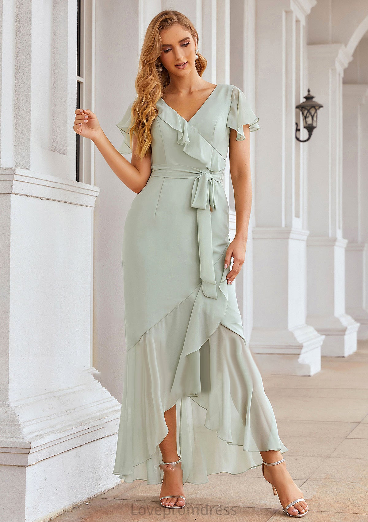 Sheath/Column V Neck Short Sleeve Asymmetrical Chiffon Bridesmaid Dresses With Ruffles Waistband Split Deja DYP0025375