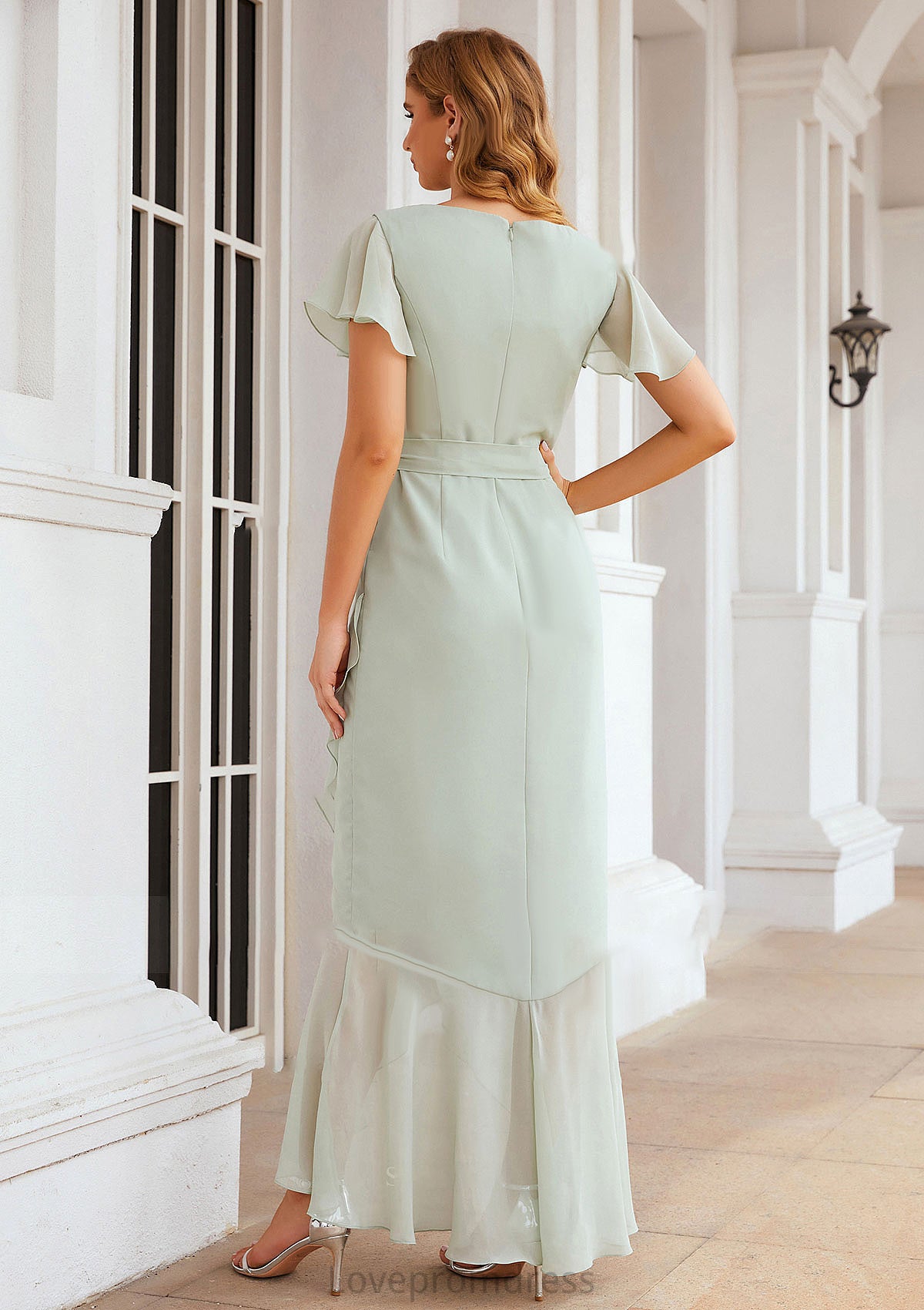 Sheath/Column V Neck Short Sleeve Asymmetrical Chiffon Bridesmaid Dresses With Ruffles Waistband Split Deja DYP0025375