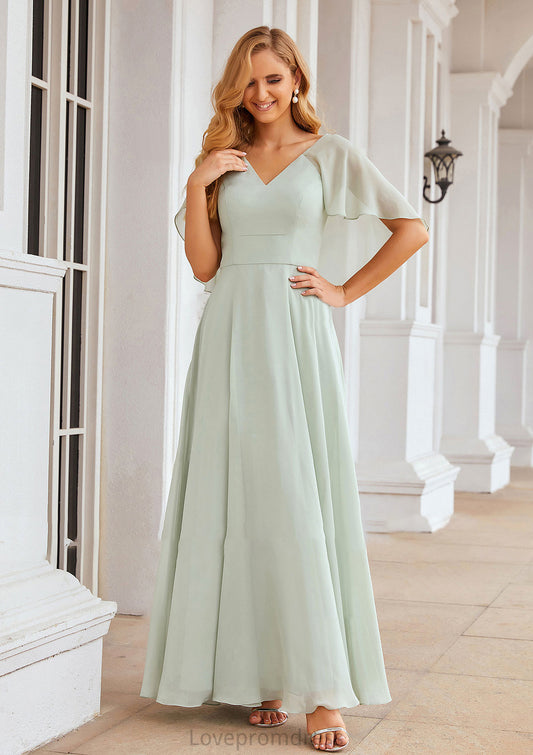 A-line V Neck Short Sleeve Long/Floor-Length Chiffon Bridesmaid Dresses Daniella DYP0025376