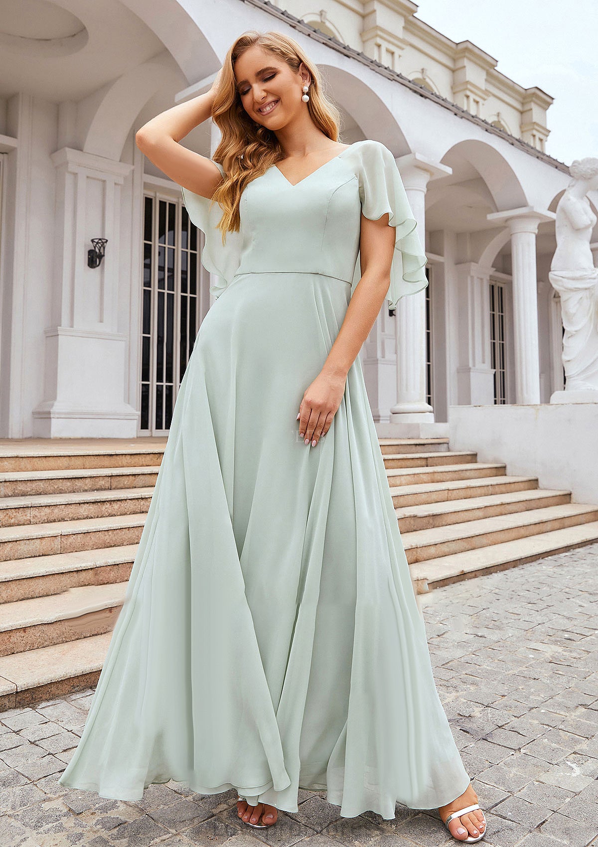 A-line V Neck Short Sleeve Long/Floor-Length Chiffon Bridesmaid Dresses Daniella DYP0025376