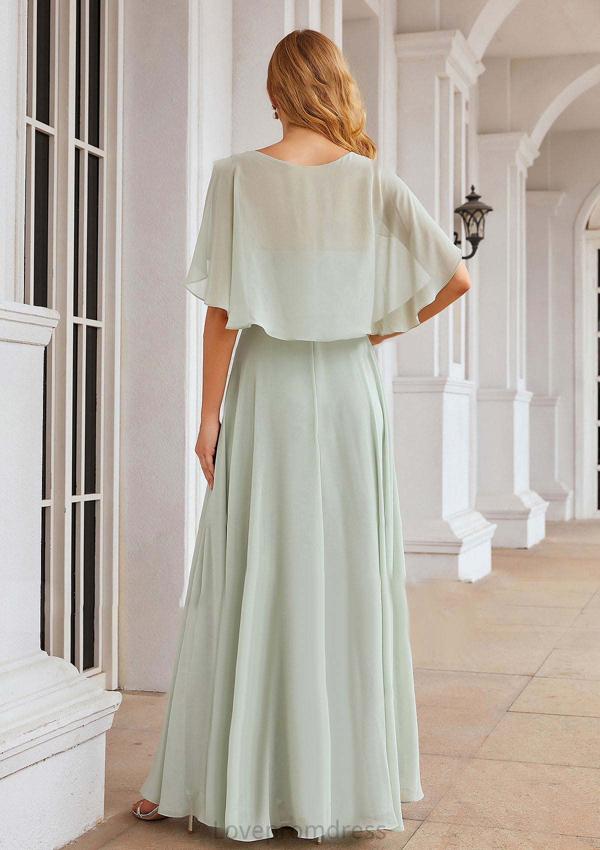 A-line V Neck Short Sleeve Long/Floor-Length Chiffon Bridesmaid Dresses Daniella DYP0025376