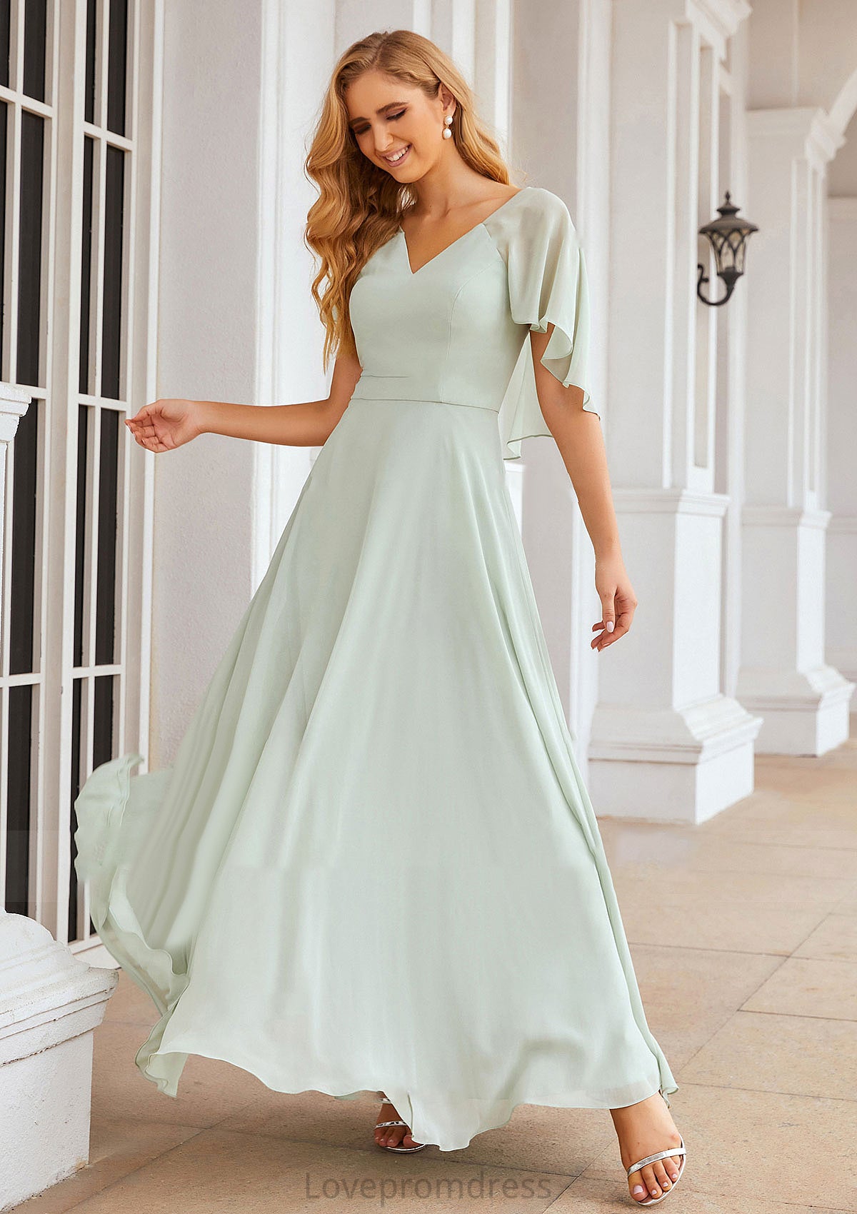 A-line V Neck Short Sleeve Long/Floor-Length Chiffon Bridesmaid Dresses Daniella DYP0025376