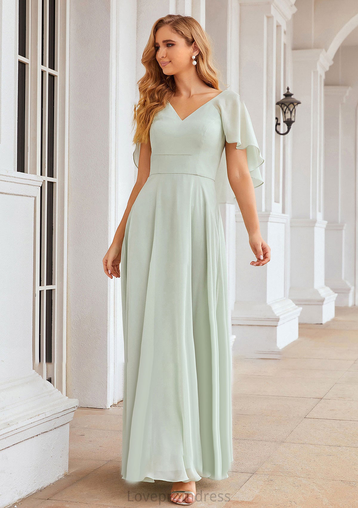 A-line V Neck Short Sleeve Long/Floor-Length Chiffon Bridesmaid Dresses Daniella DYP0025376