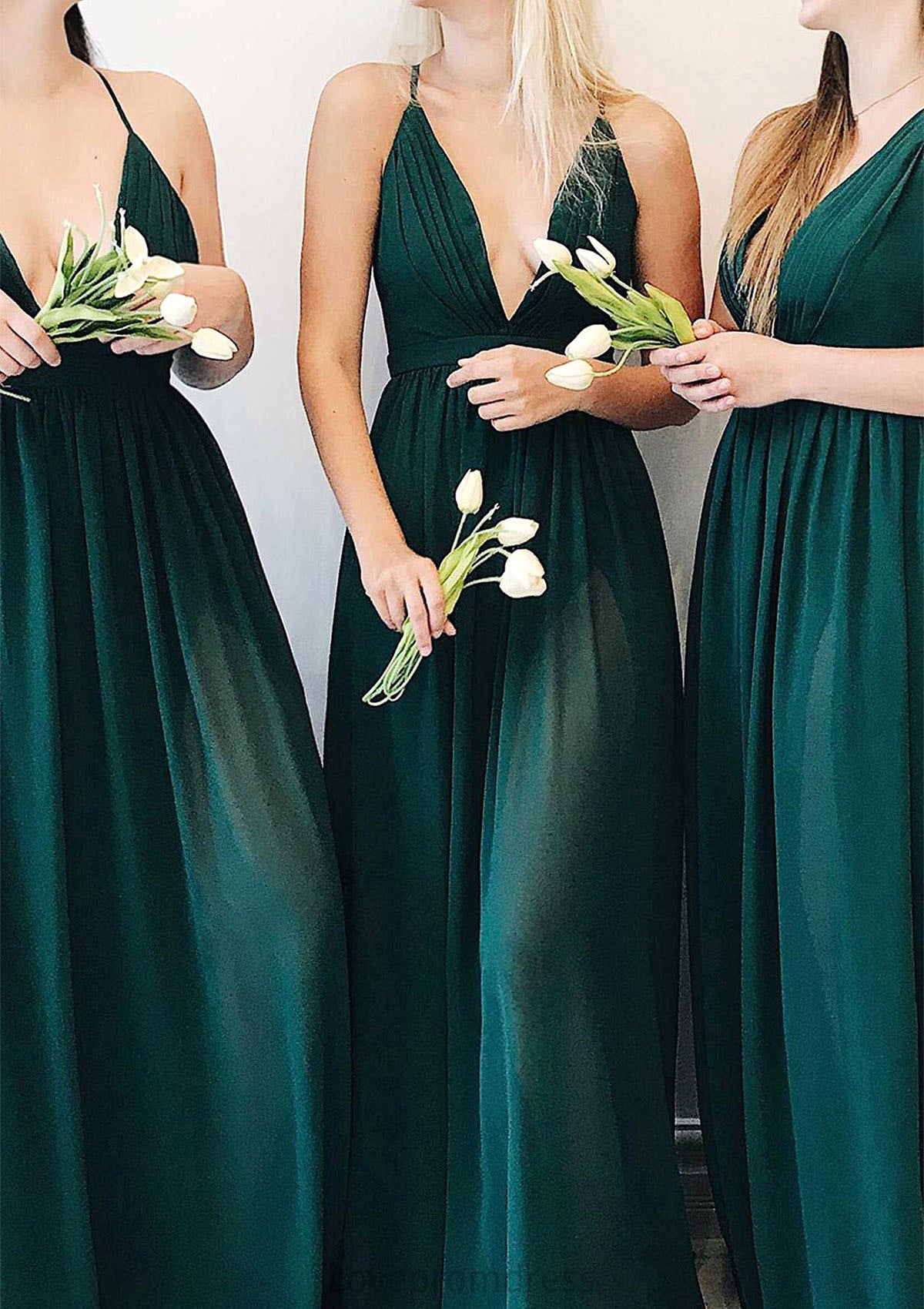 A-line V Neck Sleeveless Long/Floor-Length Chiffon Bridesmaid Dresses With Pleated Rita DYP0025377