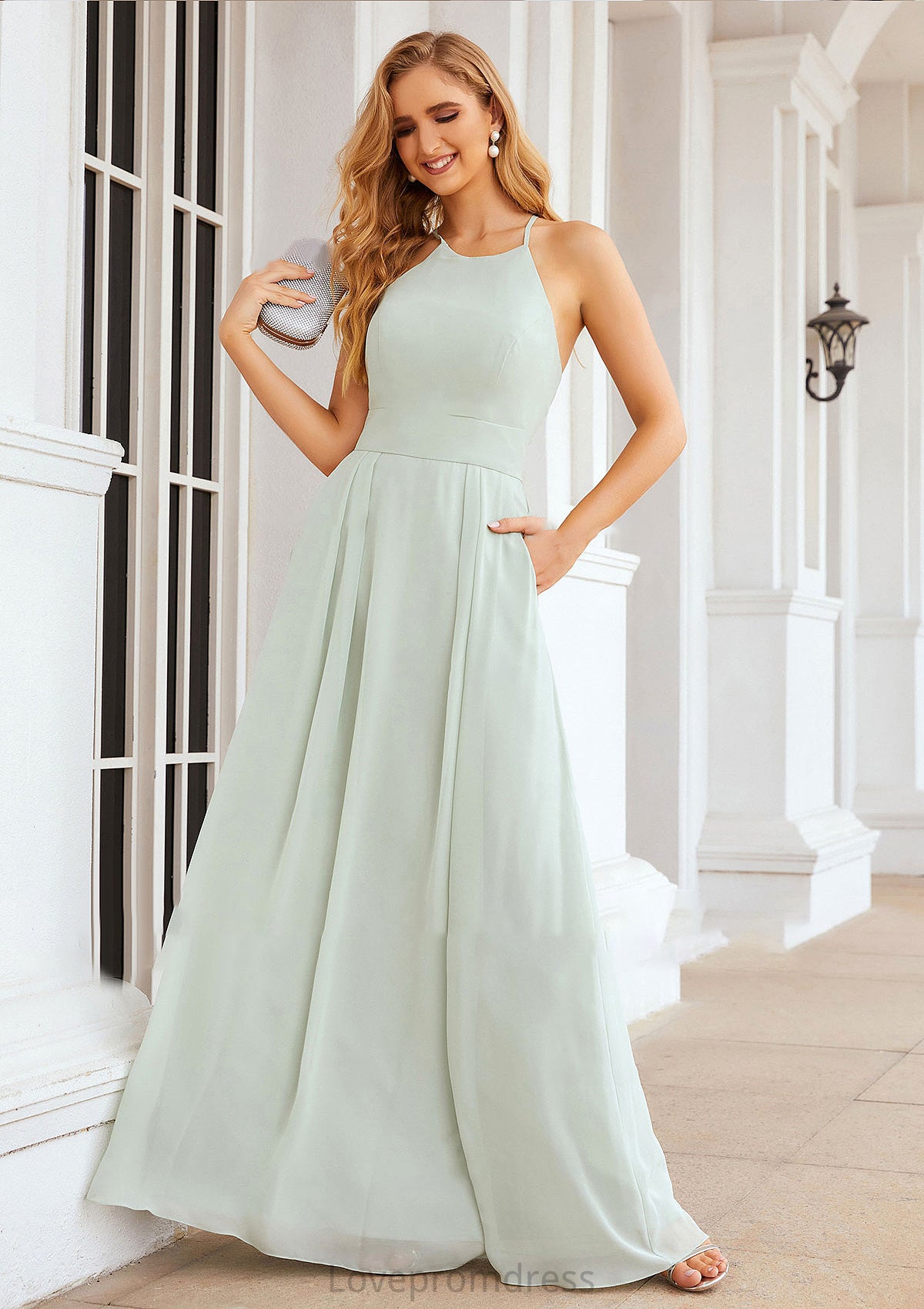 A-line Scoop Neck Sleeveless Long/Floor-Length Chiffon Bridesmaid Dresses With Pleated Pockets Journey DYP0025378