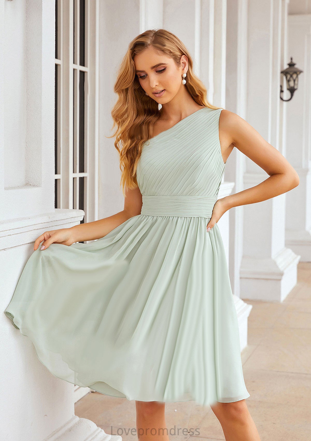 A-line One-Shoulder Sleeveless Chiffon Knee-Length Bridesmaid Dresses With Pleated Brynn DYP0025379