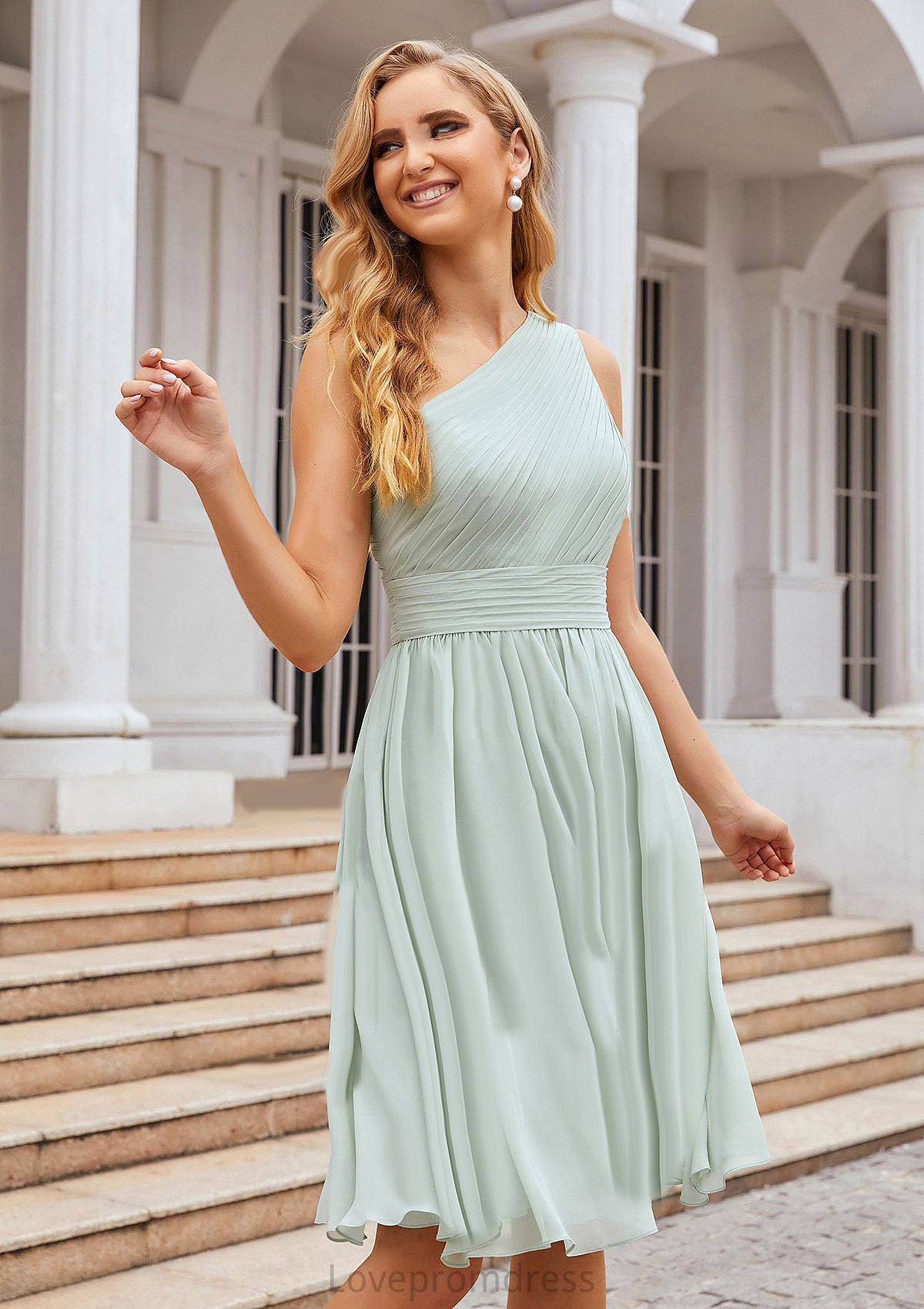 A-line One-Shoulder Sleeveless Chiffon Knee-Length Bridesmaid Dresses With Pleated Brynn DYP0025379