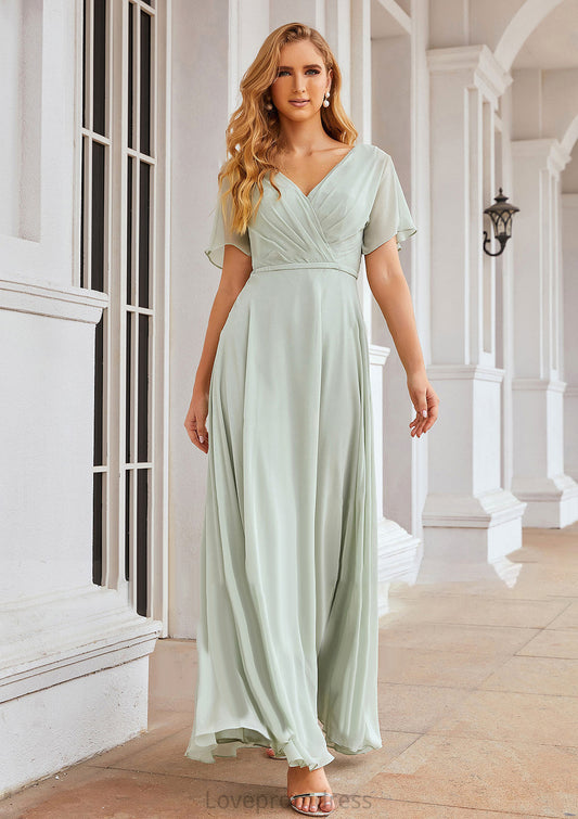 A-line V Neck Short Sleeve Chiffon Long/Floor-Length Bridesmaid Dresses With Pleated Waistband Kylie DYP0025381