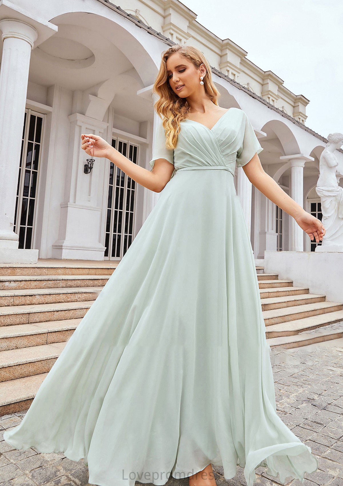 A-line V Neck Short Sleeve Chiffon Long/Floor-Length Bridesmaid Dresses With Pleated Waistband Kylie DYP0025381