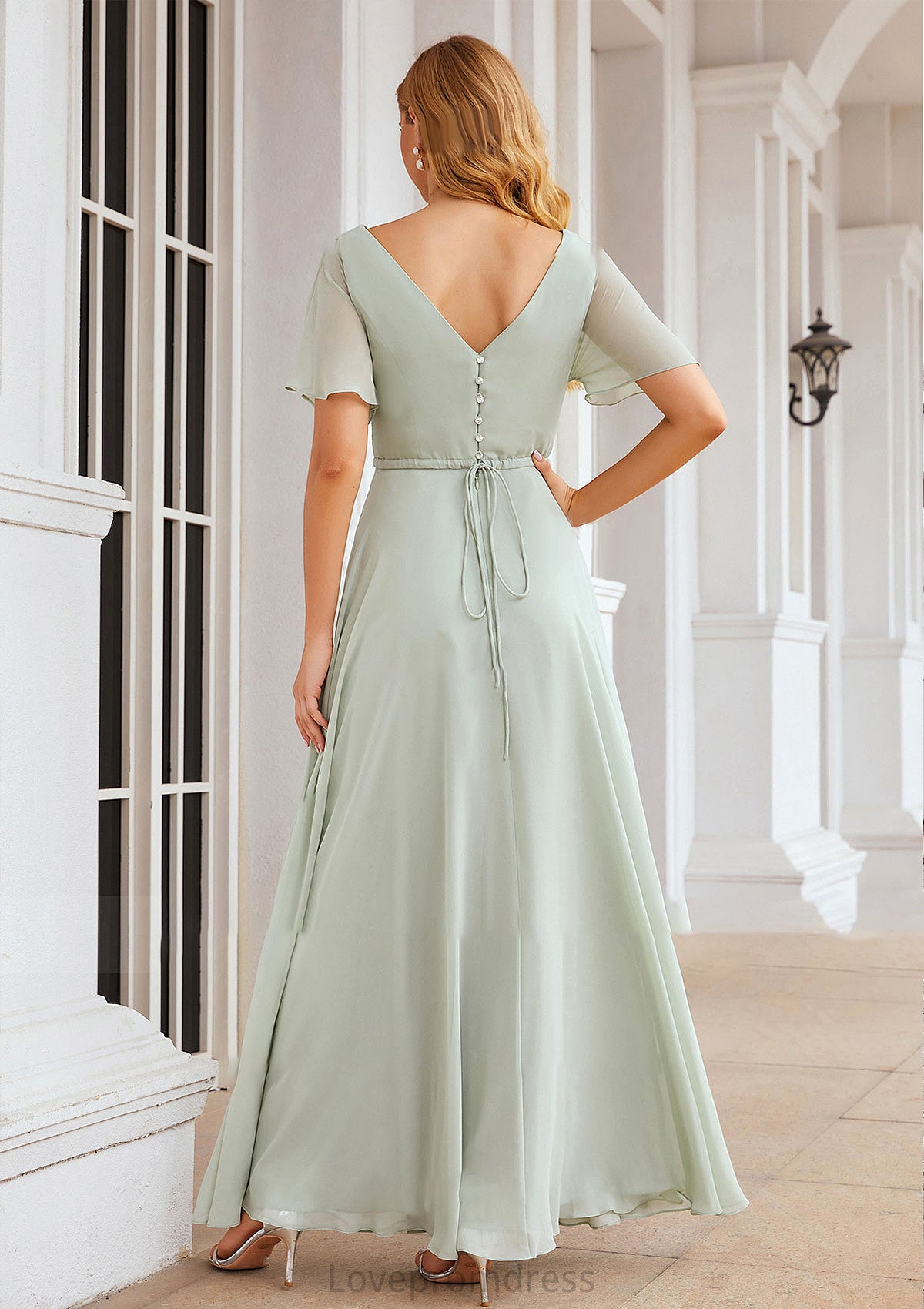 A-line V Neck Short Sleeve Chiffon Long/Floor-Length Bridesmaid Dresses With Pleated Waistband Kylie DYP0025381