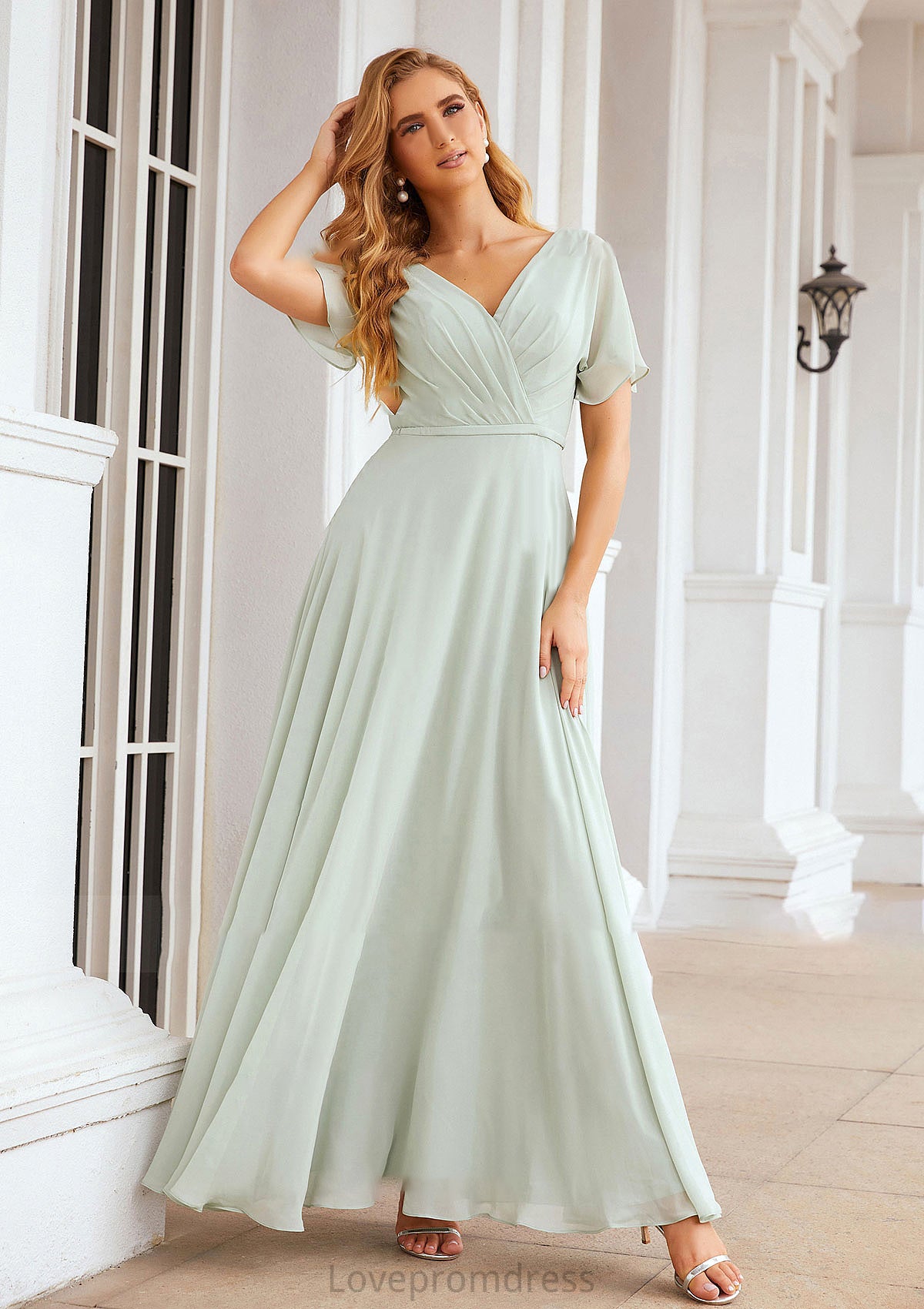 A-line V Neck Short Sleeve Chiffon Long/Floor-Length Bridesmaid Dresses With Pleated Waistband Kylie DYP0025381