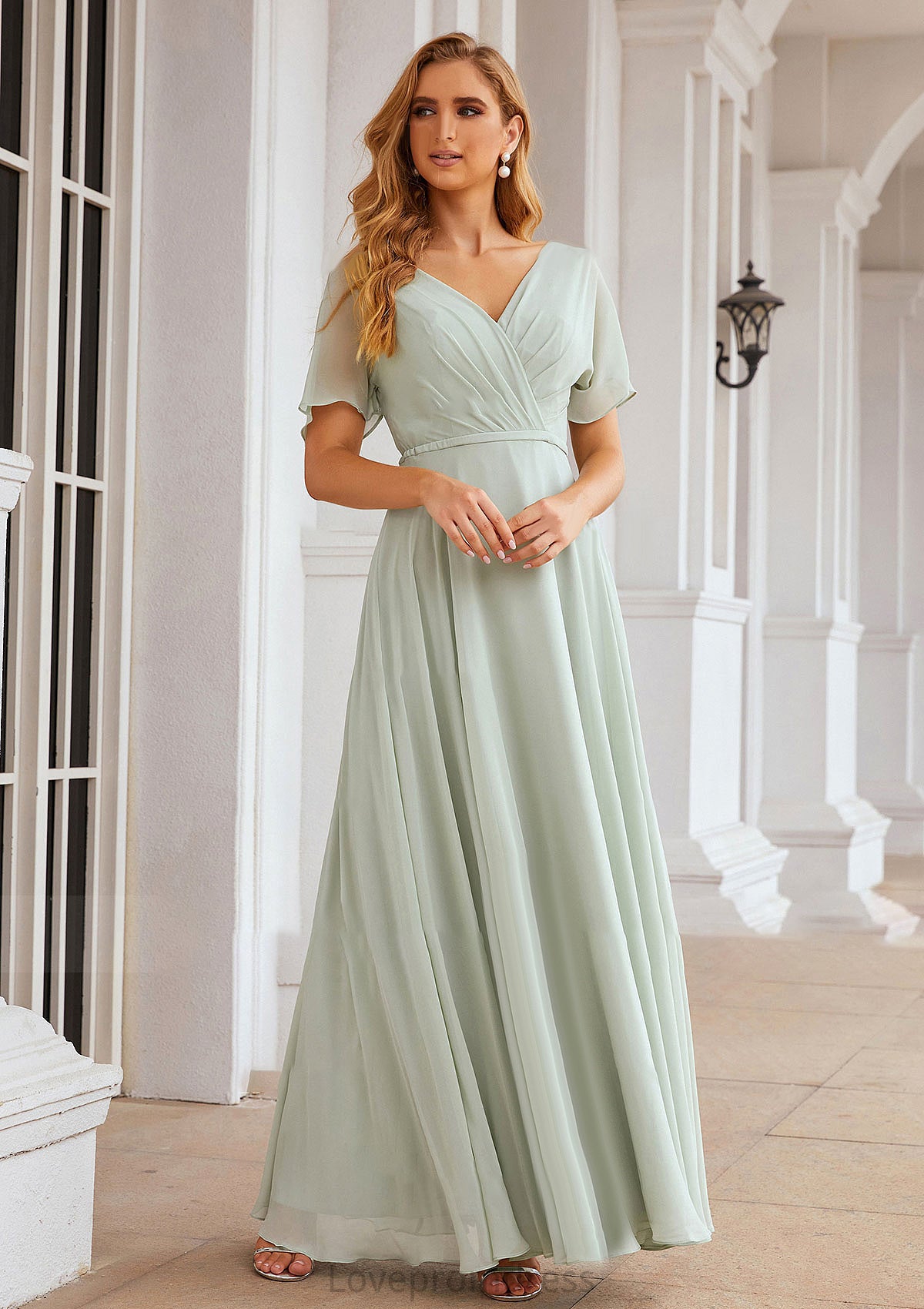 A-line V Neck Short Sleeve Chiffon Long/Floor-Length Bridesmaid Dresses With Pleated Waistband Kylie DYP0025381