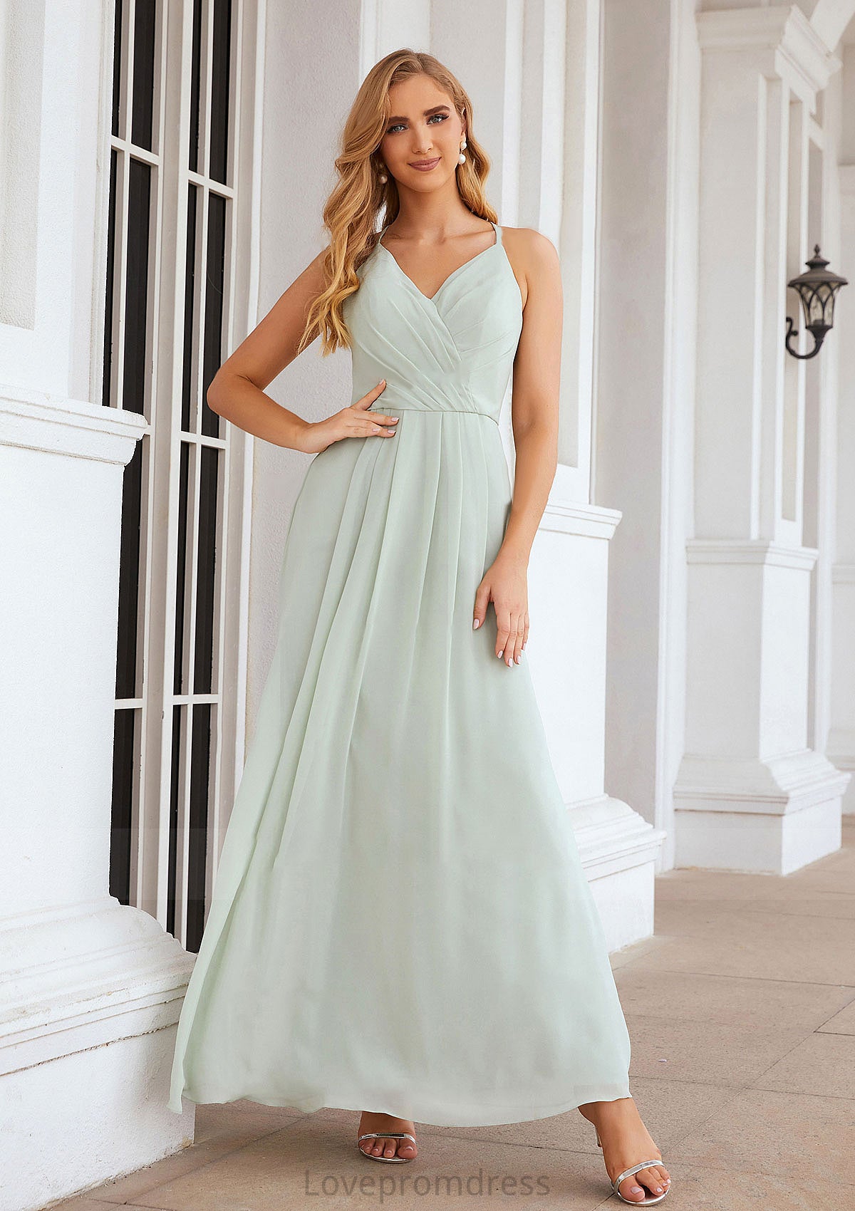 A-line V Neck Sleeveless Chiffon Long/Floor-Length Bridesmaid Dresses With Pleated Dominique DYP0025385