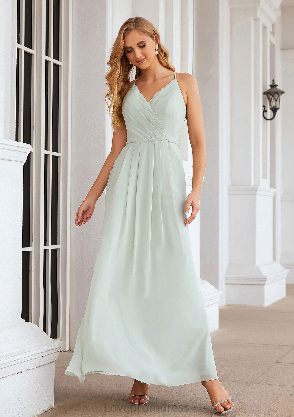 A-line V Neck Sleeveless Chiffon Long/Floor-Length Bridesmaid Dresses With Pleated Dominique DYP0025385