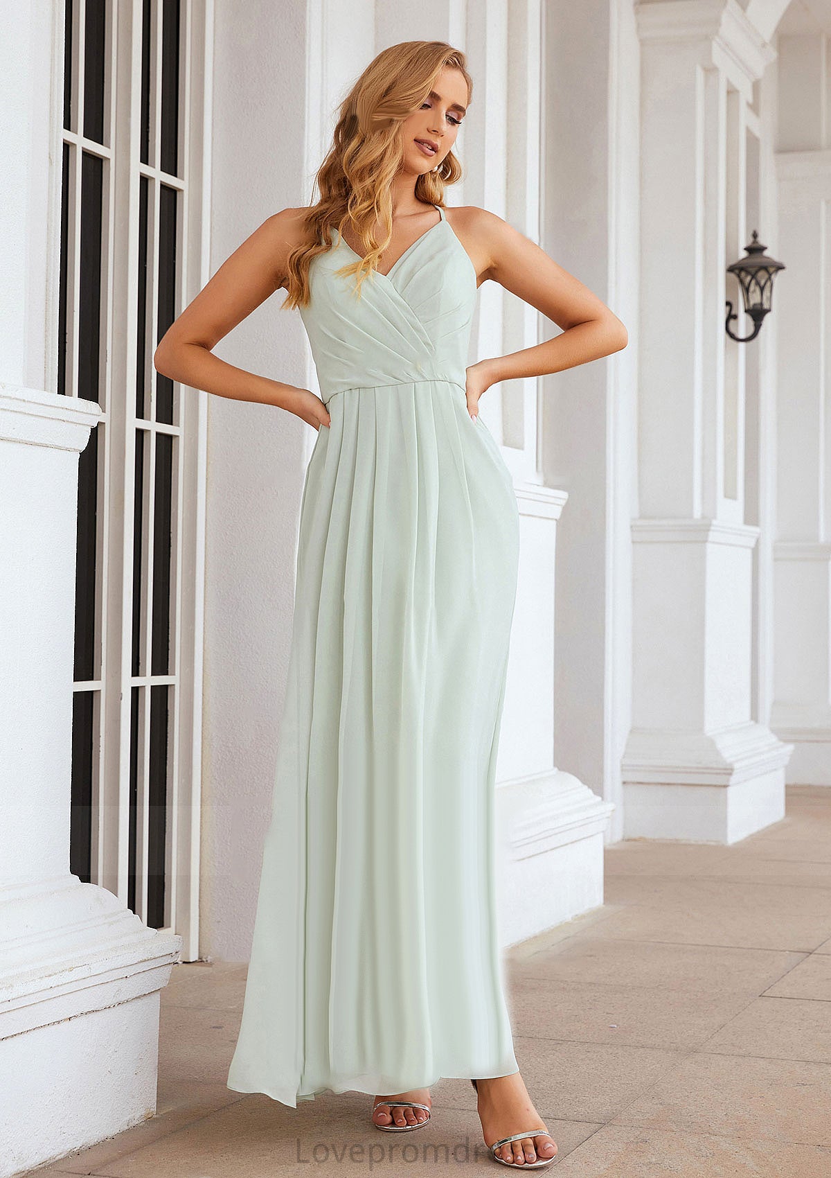 A-line V Neck Sleeveless Chiffon Long/Floor-Length Bridesmaid Dresses With Pleated Dominique DYP0025385