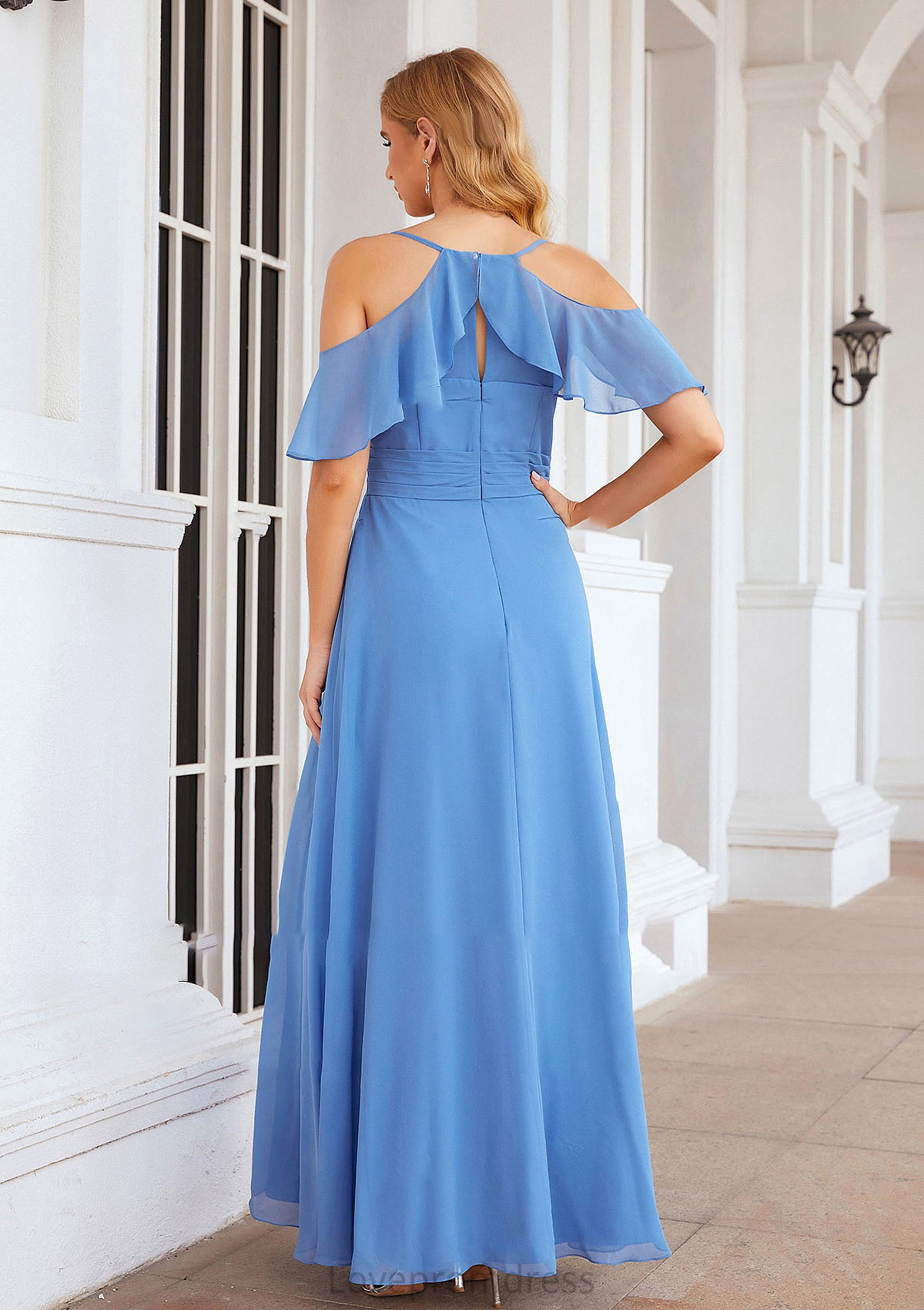 A-line V Neck Sleeveless Chiffon Long/Floor-Length Bridesmaid Dresses With Pleated Split Ashtyn DYP0025388