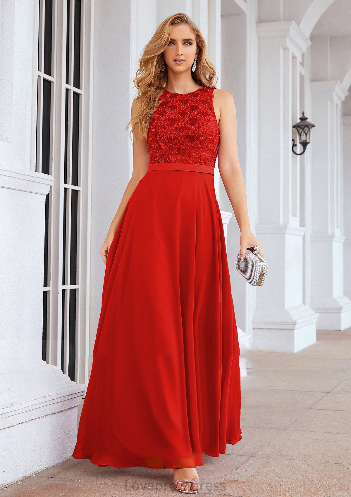 A-line Empire Scalloped Neck Sleeveless Chiffon Long/Floor-Length Bridesmaid Dresses With Beading Sequins Natalya DYP0025392