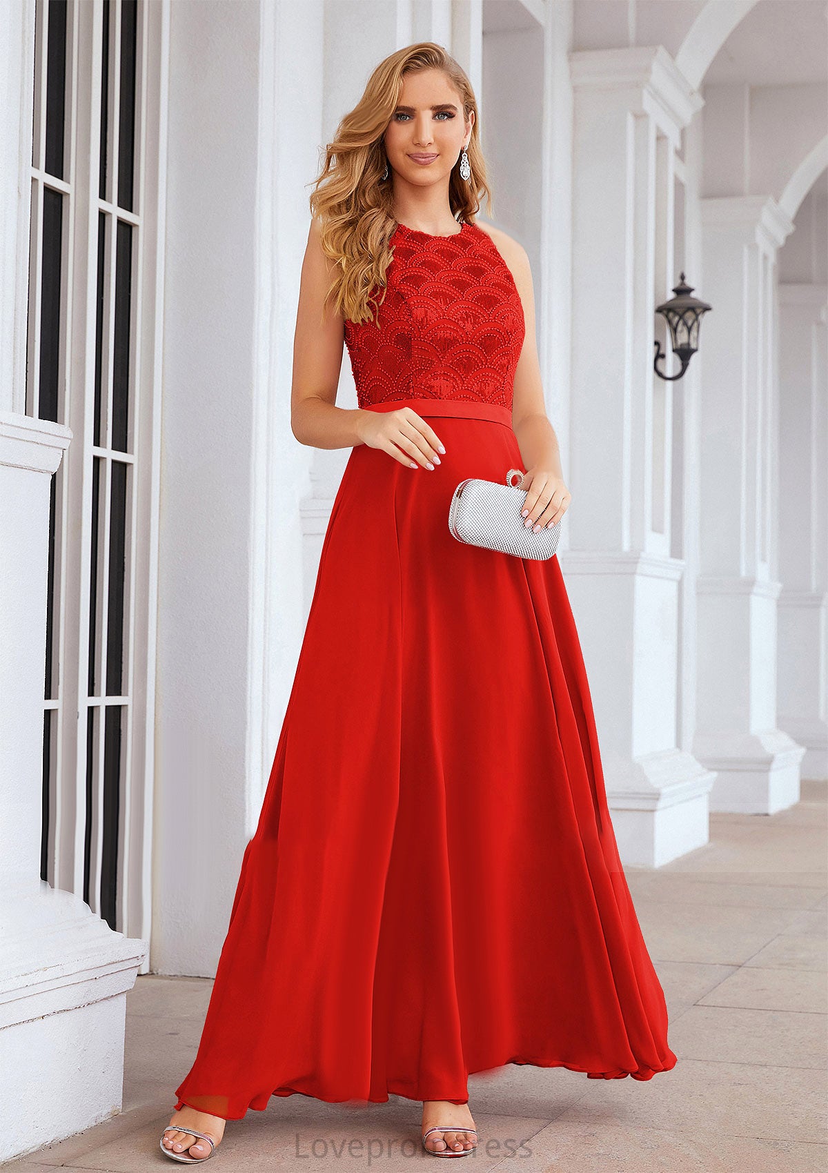 A-line Empire Scalloped Neck Sleeveless Chiffon Long/Floor-Length Bridesmaid Dresses With Beading Sequins Natalya DYP0025392