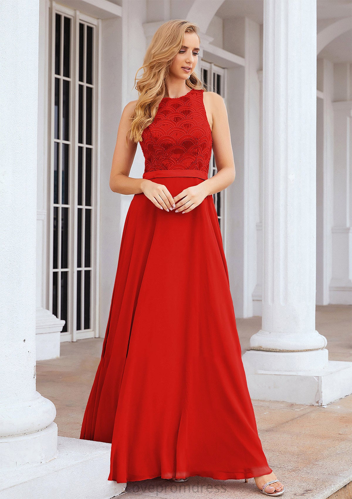 A-line Empire Scalloped Neck Sleeveless Chiffon Long/Floor-Length Bridesmaid Dresses With Beading Sequins Natalya DYP0025392