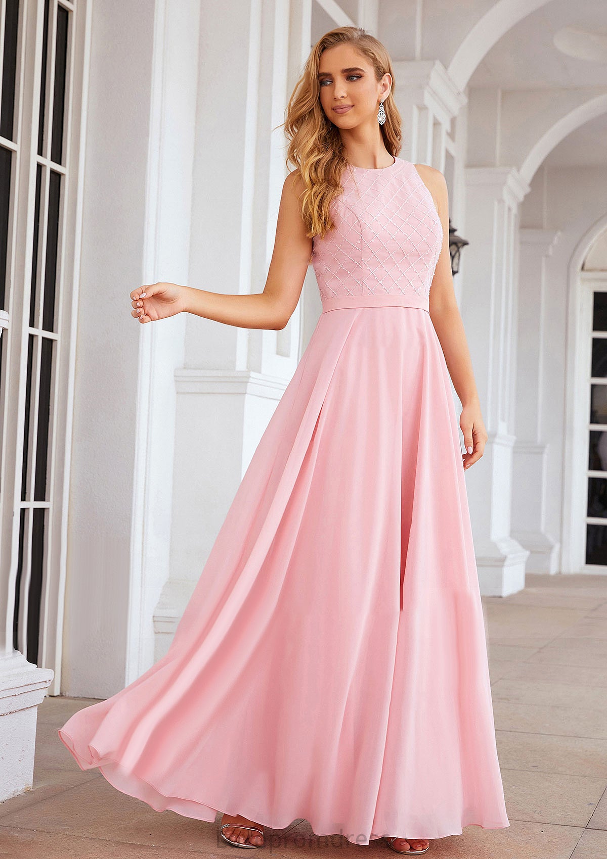 A-line Scalloped Neck Sleeveless Chiffon Long/Floor-Length Bridesmaid Dresses With Beading Alice DYP0025393