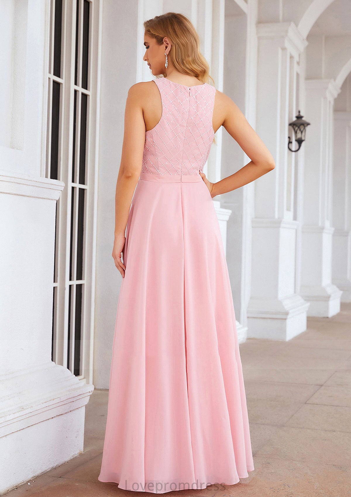 A-line Scalloped Neck Sleeveless Chiffon Long/Floor-Length Bridesmaid Dresses With Beading Alice DYP0025393