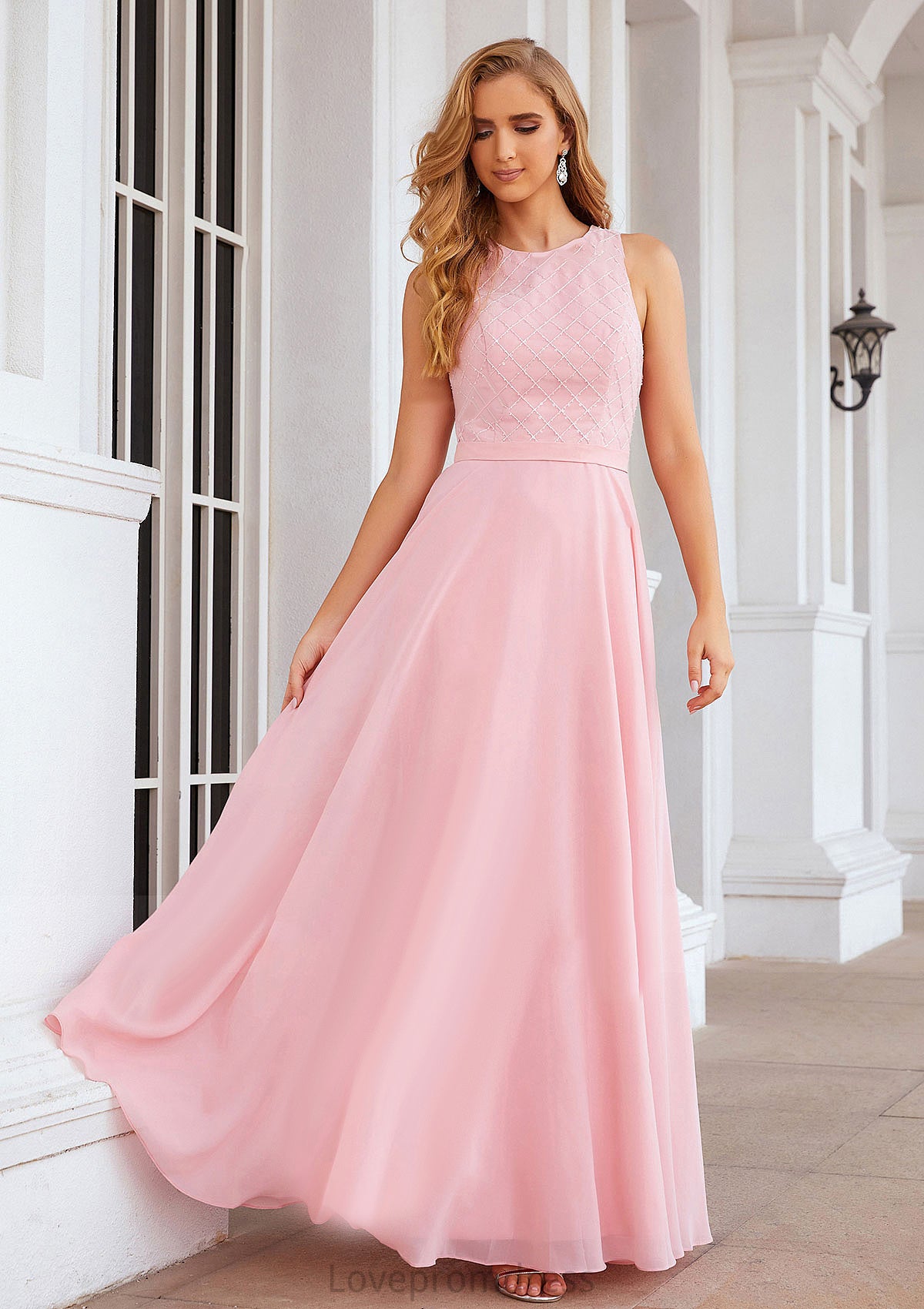 A-line Scalloped Neck Sleeveless Chiffon Long/Floor-Length Bridesmaid Dresses With Beading Alice DYP0025393