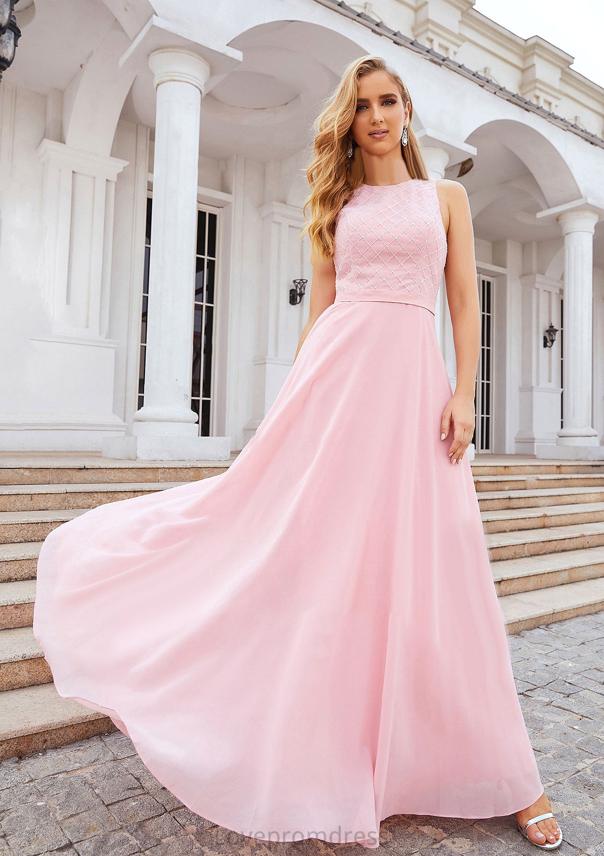 A-line Scalloped Neck Sleeveless Chiffon Long/Floor-Length Bridesmaid Dresses With Beading Alice DYP0025393