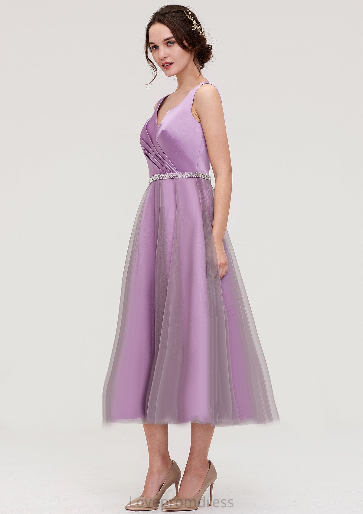 V Neck Sleeveless Tulle Tea-Length A-line/Princess Bridesmaid Dresses With Waistband Beading Pleated Emily DYP0025395