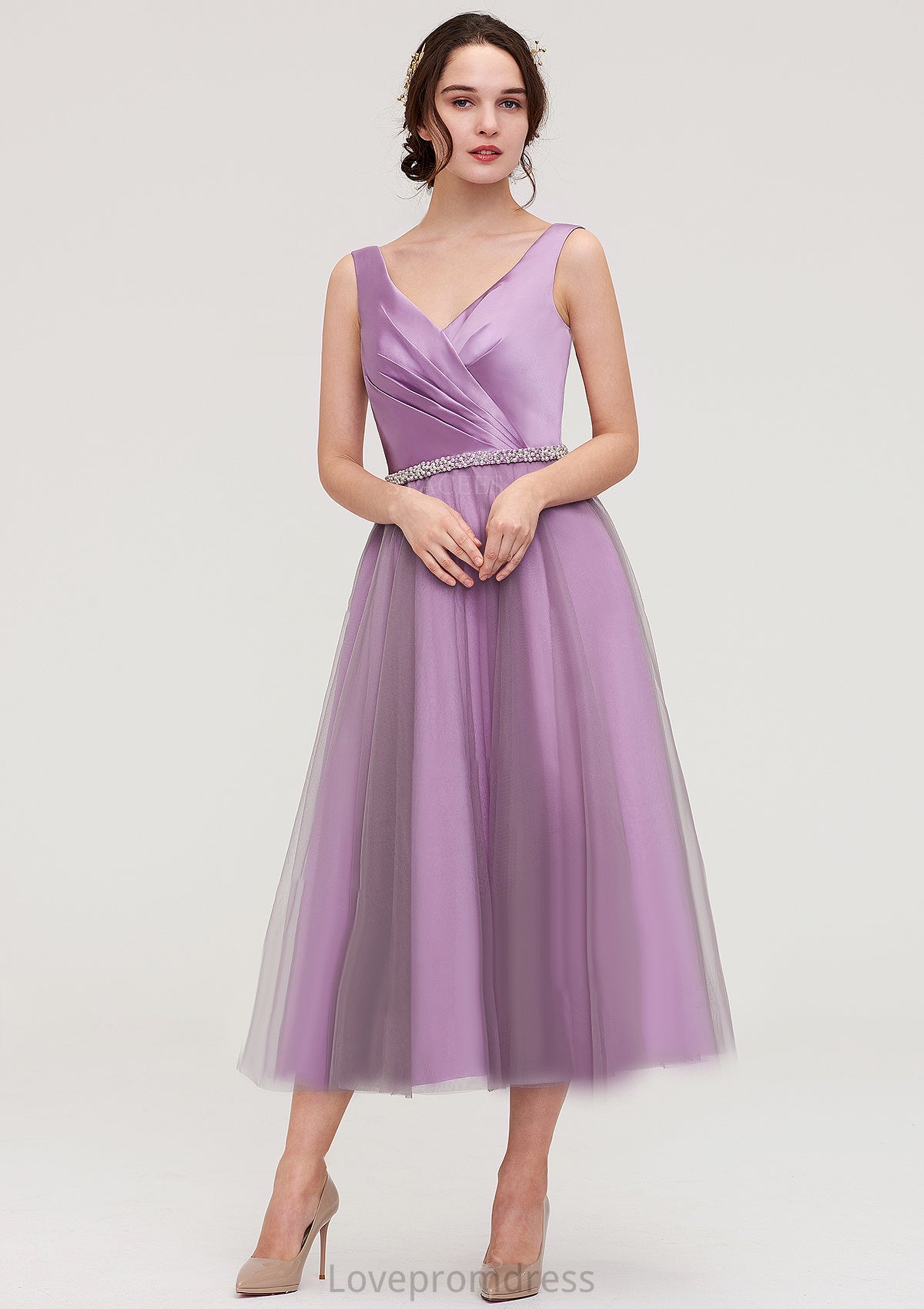 V Neck Sleeveless Tulle Tea-Length A-line/Princess Bridesmaid Dresses With Waistband Beading Pleated Emily DYP0025395