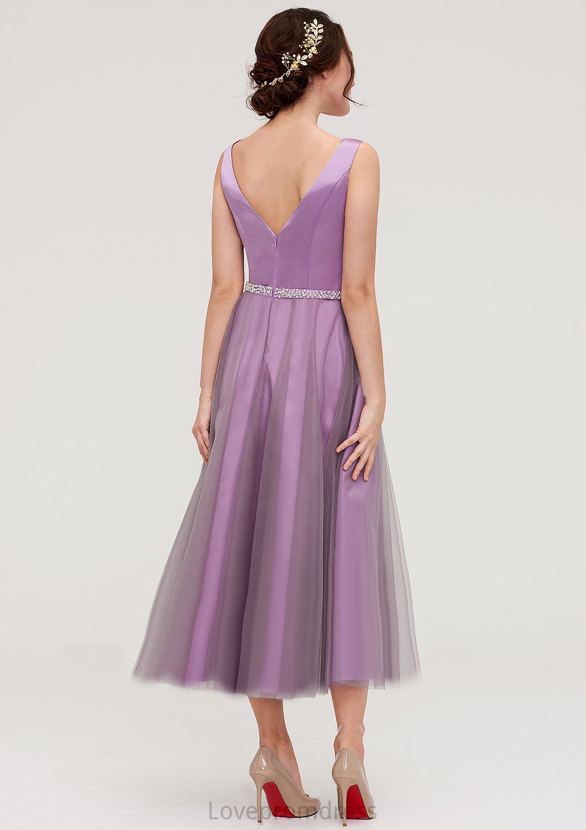 V Neck Sleeveless Tulle Tea-Length A-line/Princess Bridesmaid Dresses With Waistband Beading Pleated Emily DYP0025395