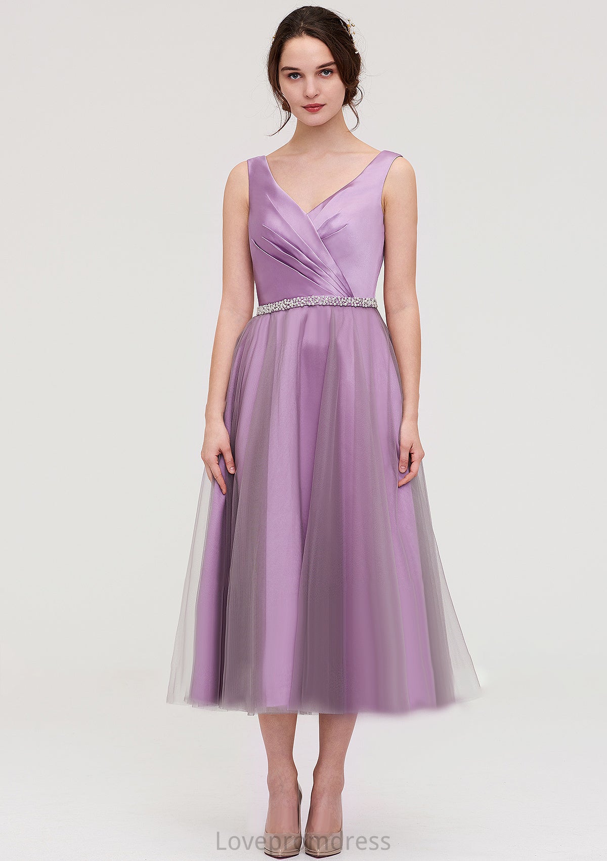 V Neck Sleeveless Tulle Tea-Length A-line/Princess Bridesmaid Dresses With Waistband Beading Pleated Emily DYP0025395