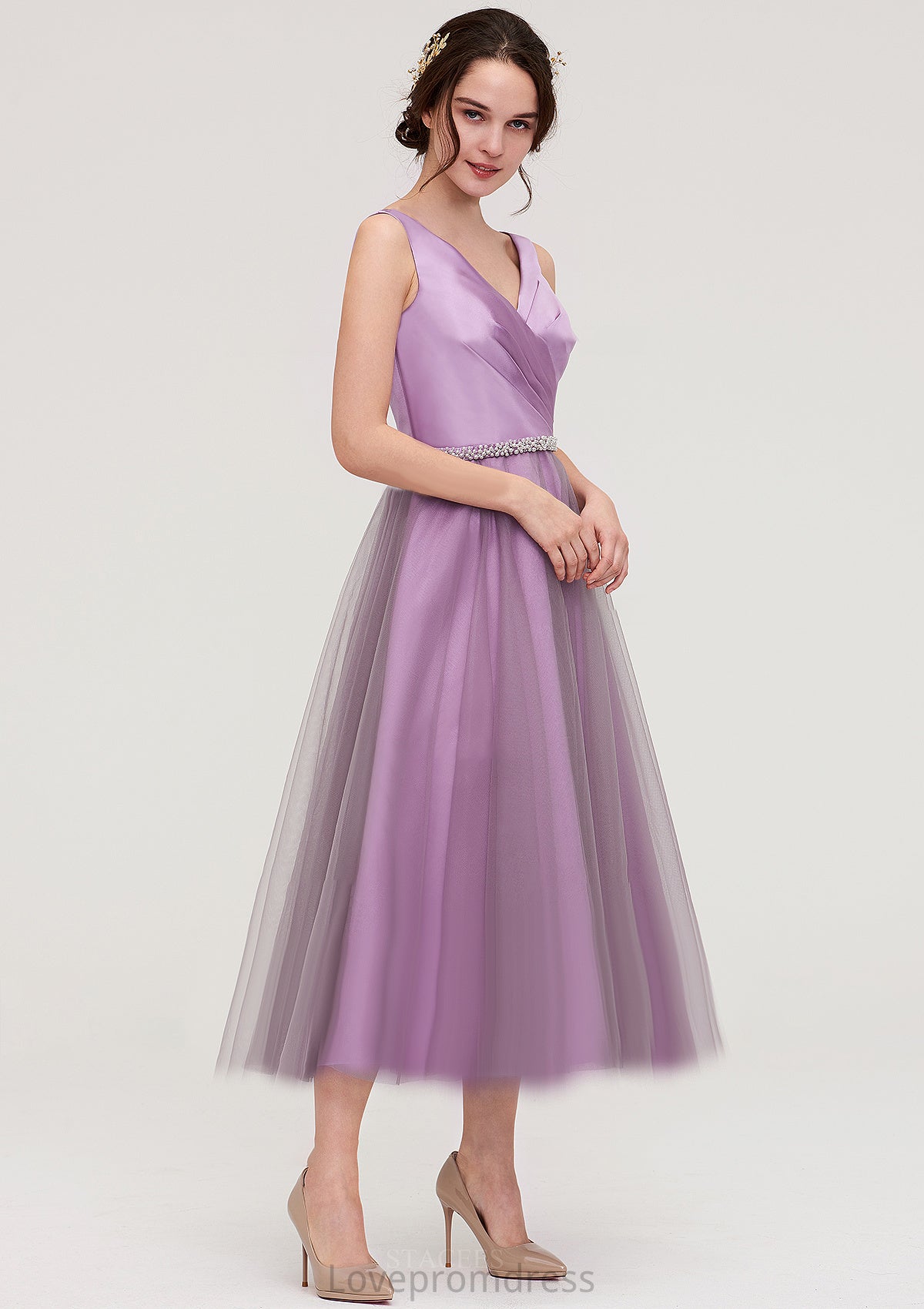 V Neck Sleeveless Tulle Tea-Length A-line/Princess Bridesmaid Dresses With Waistband Beading Pleated Emily DYP0025395