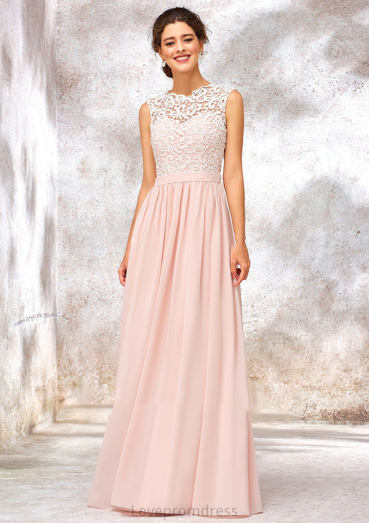 Scoop Neck Sleeveless Long/Floor-Length Chiffon A-line/Princess Bridesmaid Dresses With Lace Aracely DYP0025398